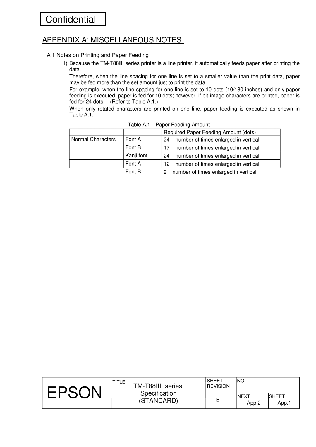 Epson TM-T88III Series specifications Appendix a Miscellaneous Notes, Table A.1 Paper Feeding Amount 