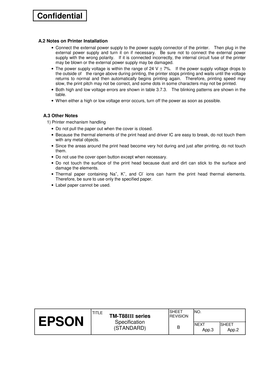 Epson TM-T88III Series specifications Other Notes 