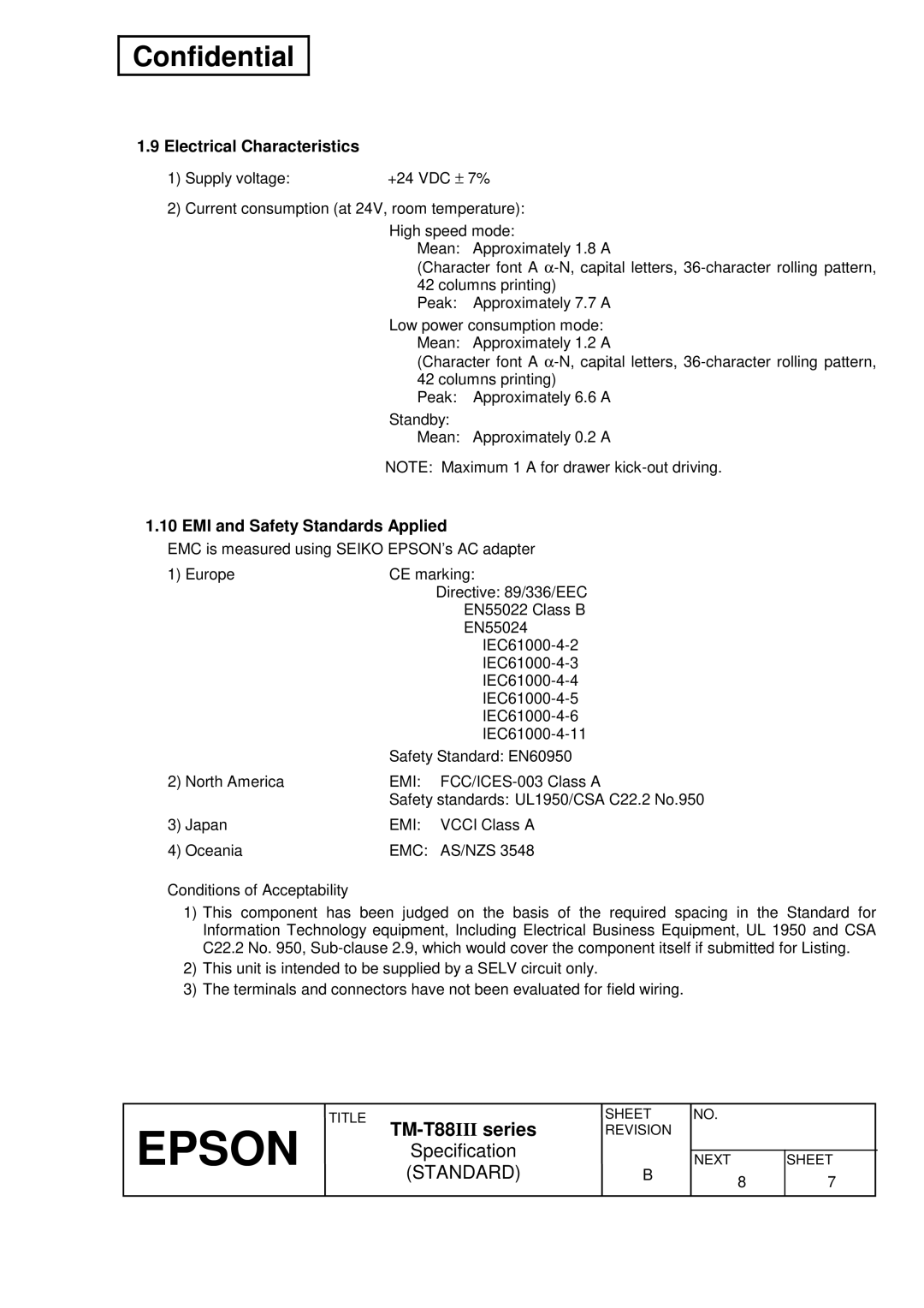 Epson TM-T88III Series specifications Electrical Characteristics, EMI and Safety Standards Applied, Emi, Emc 
