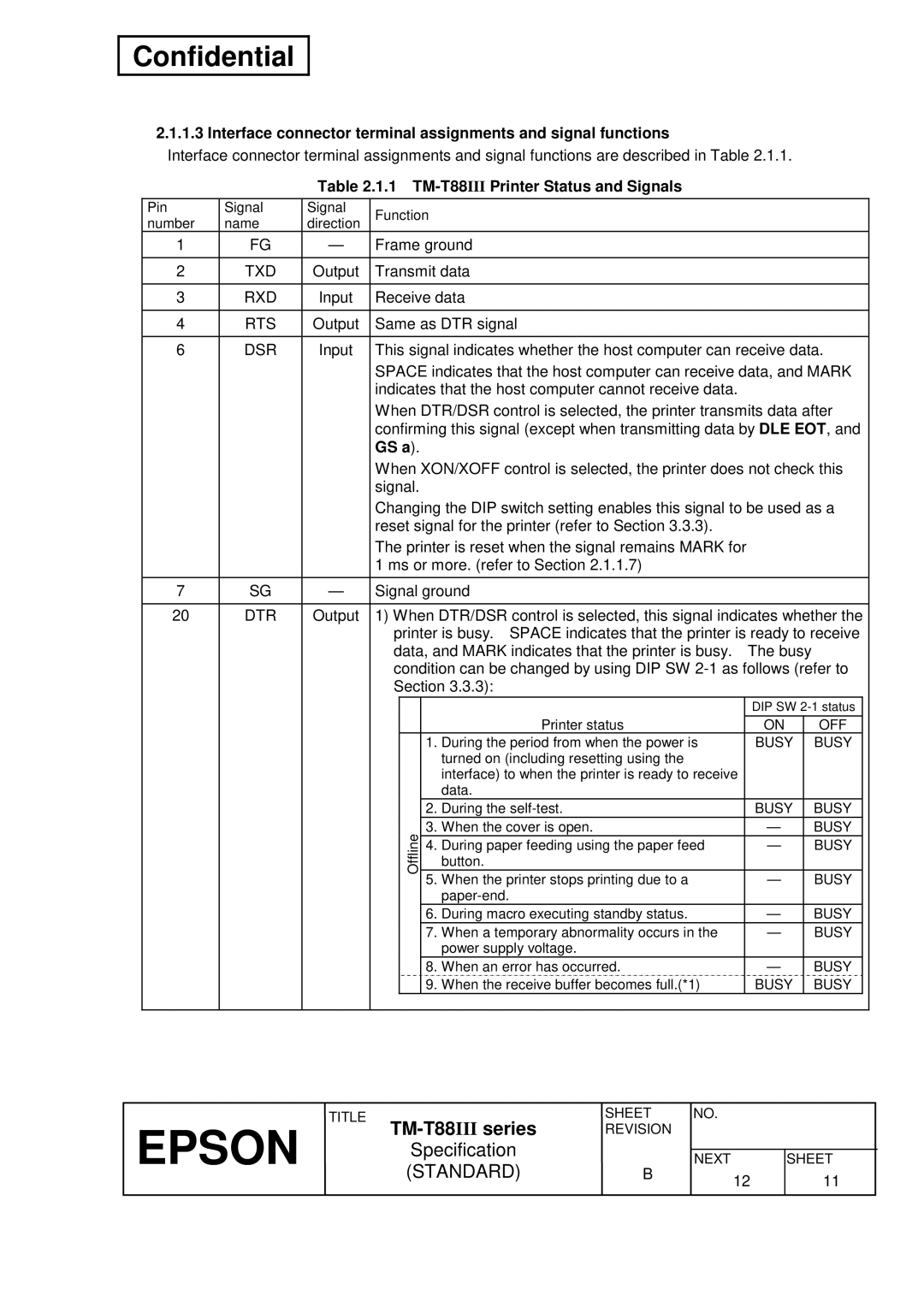 Epson TM-T88III Series specifications TM-T88IIIPrinter Status and Signals, GS a 