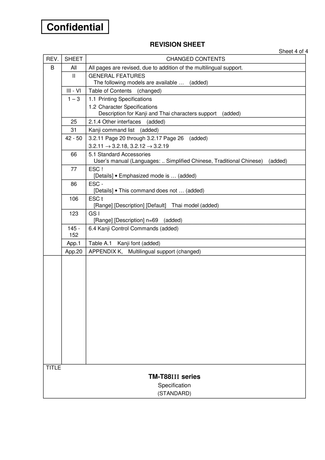 Epson TM-T88III Series specifications TM-T88IIIseries, REV Sheet Changed Contents, General Features, Iii, Esc 