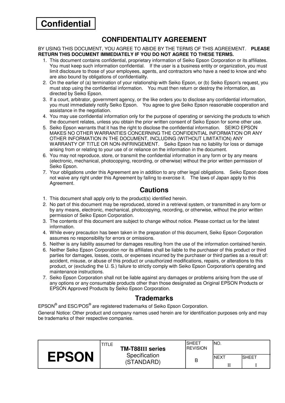 Epson TM-T88III Series specifications Confidentiality Agreement, Trademarks 