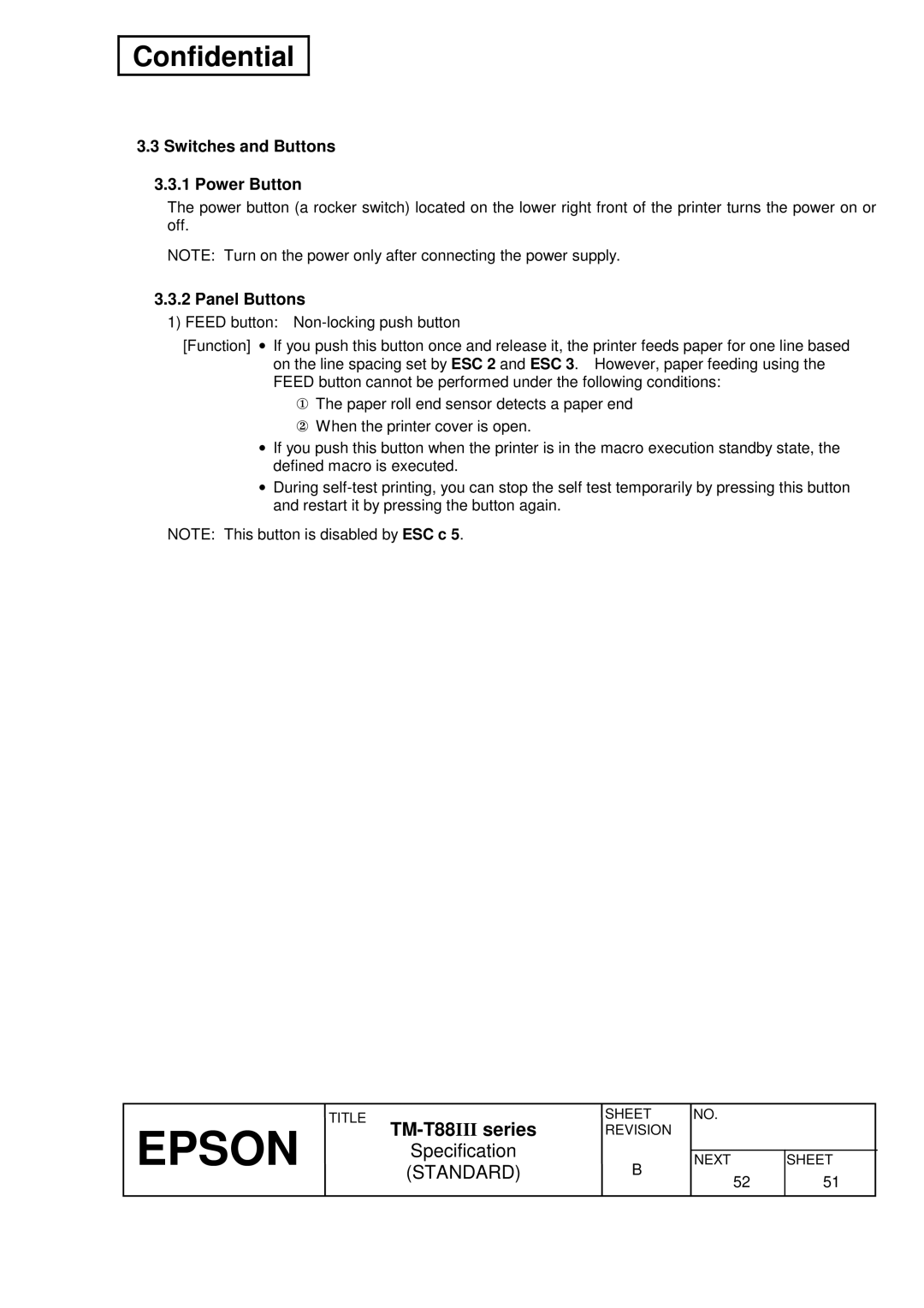 Epson TM-T88III Series specifications Switches and Buttons Power Button, Panel Buttons 