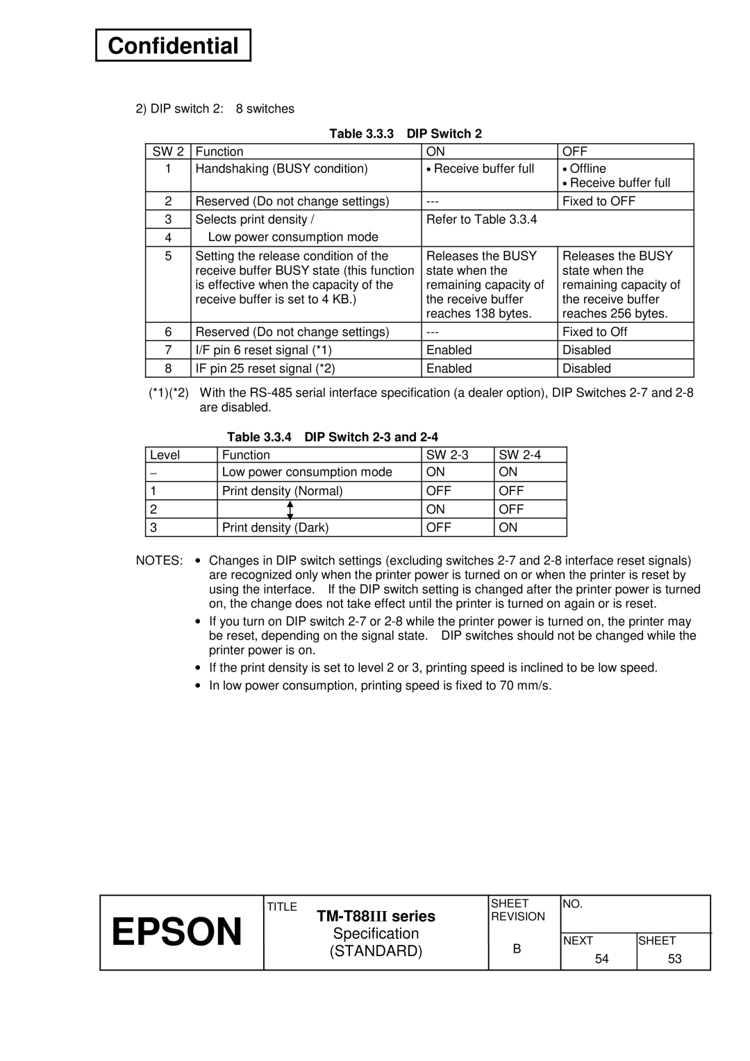 Epson TM-T88III Series specifications DIP Switch 2-3 