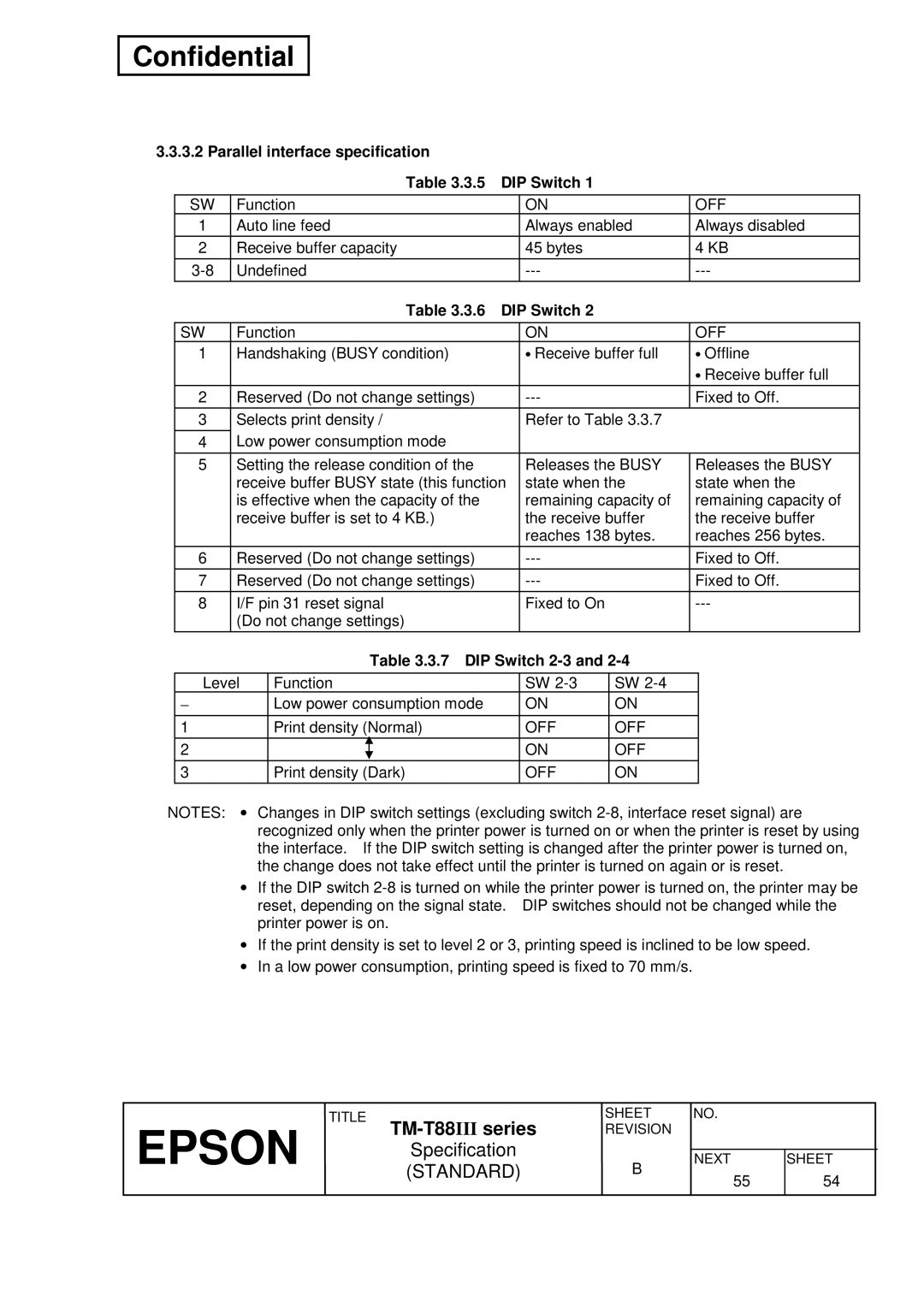 Epson TM-T88III Series specifications Parallel interface specification DIP Switch, DIP Switch 2-3 