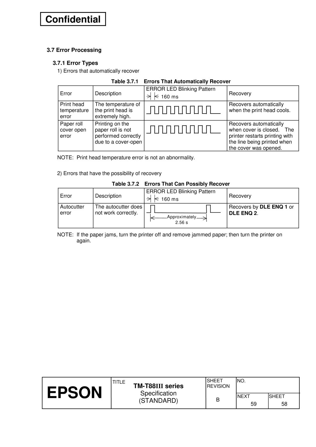 Epson TM-T88III Series Error Processing Error Types, Errors That Automatically Recover, Errors That Can Possibly Recover 