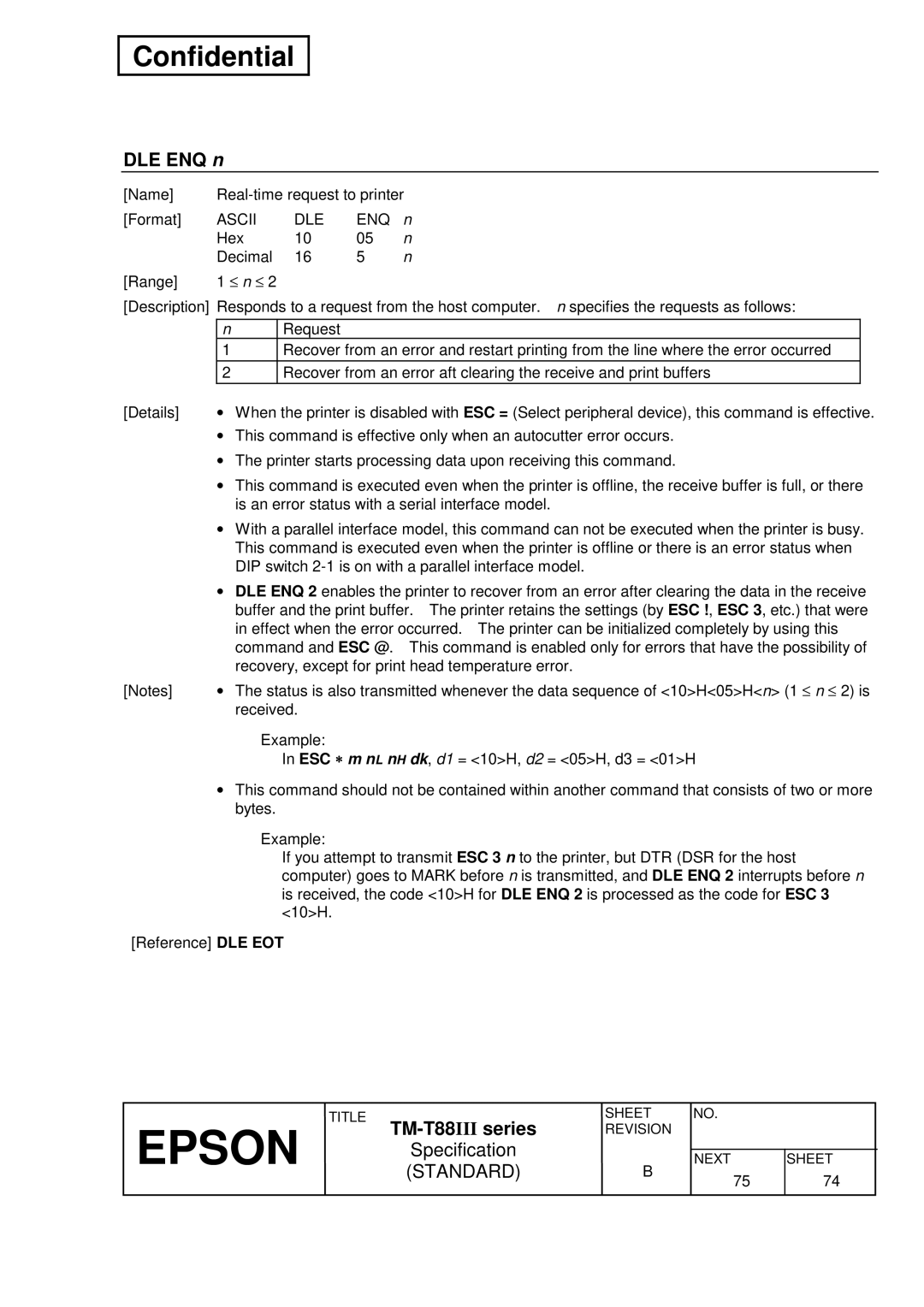 Epson TM-T88III Series specifications DLE ENQ n, Ascii DLE ENQ 