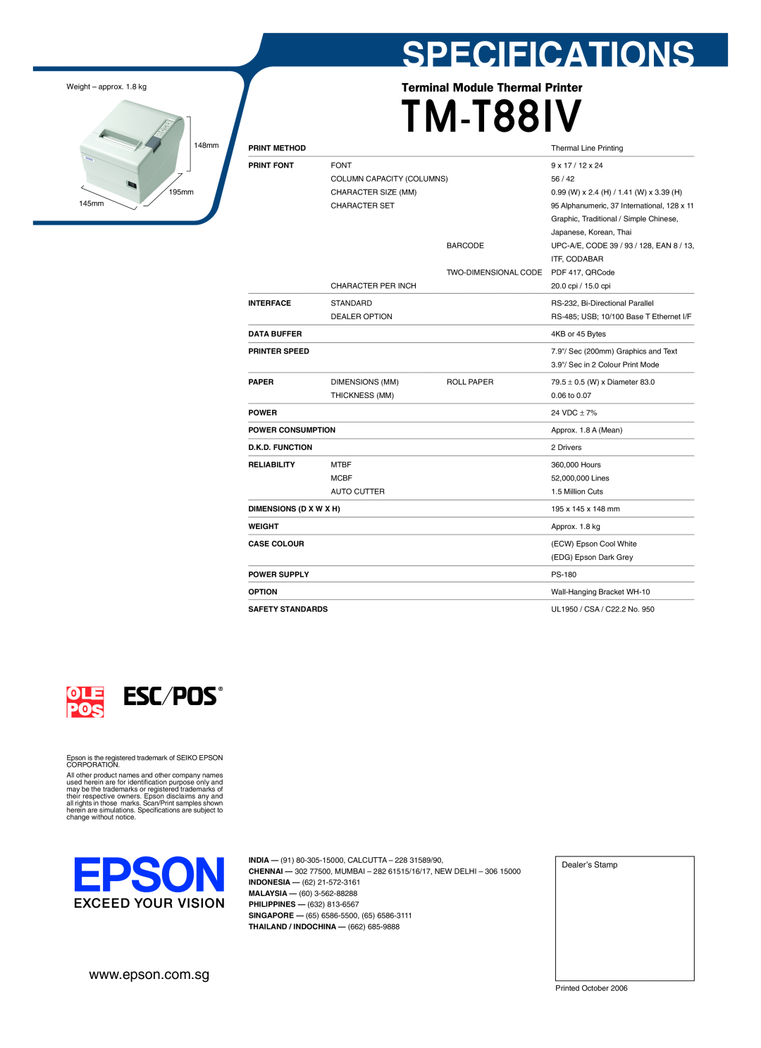 Epson TM-T88IV manual Specifications 