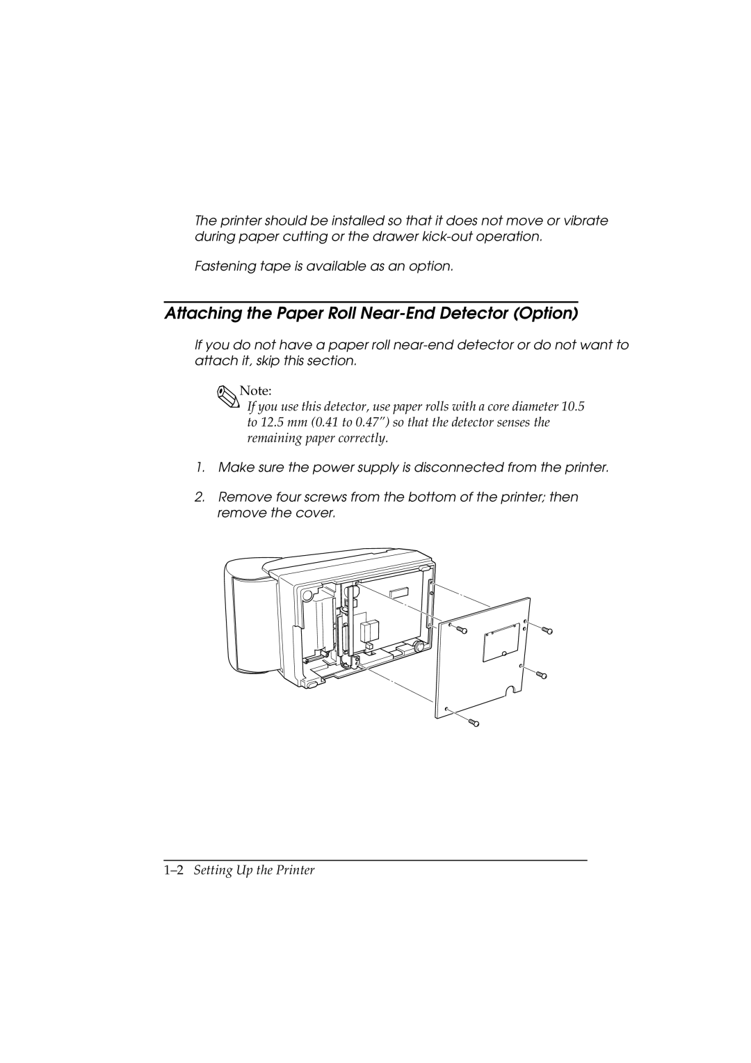 Epson TM-U200 manual Attaching the Paper Roll Near-End Detector Option, 2Setting Up the Printer 