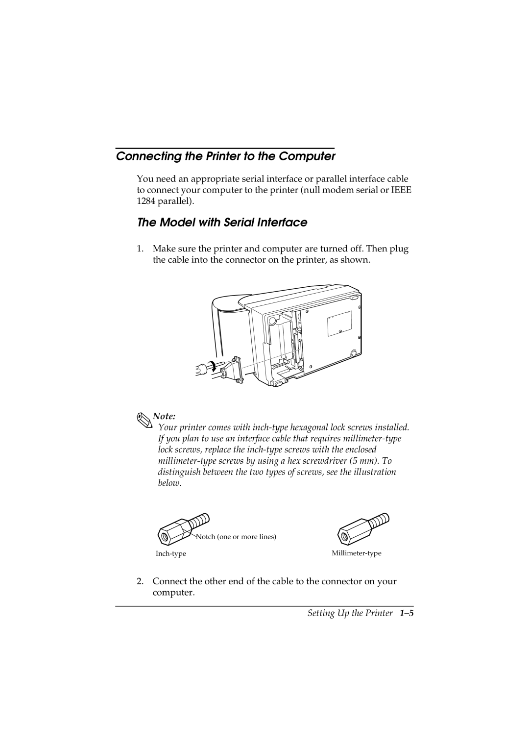 Epson TM-U200 manual Connecting the Printer to the Computer, Model with Serial Interface 