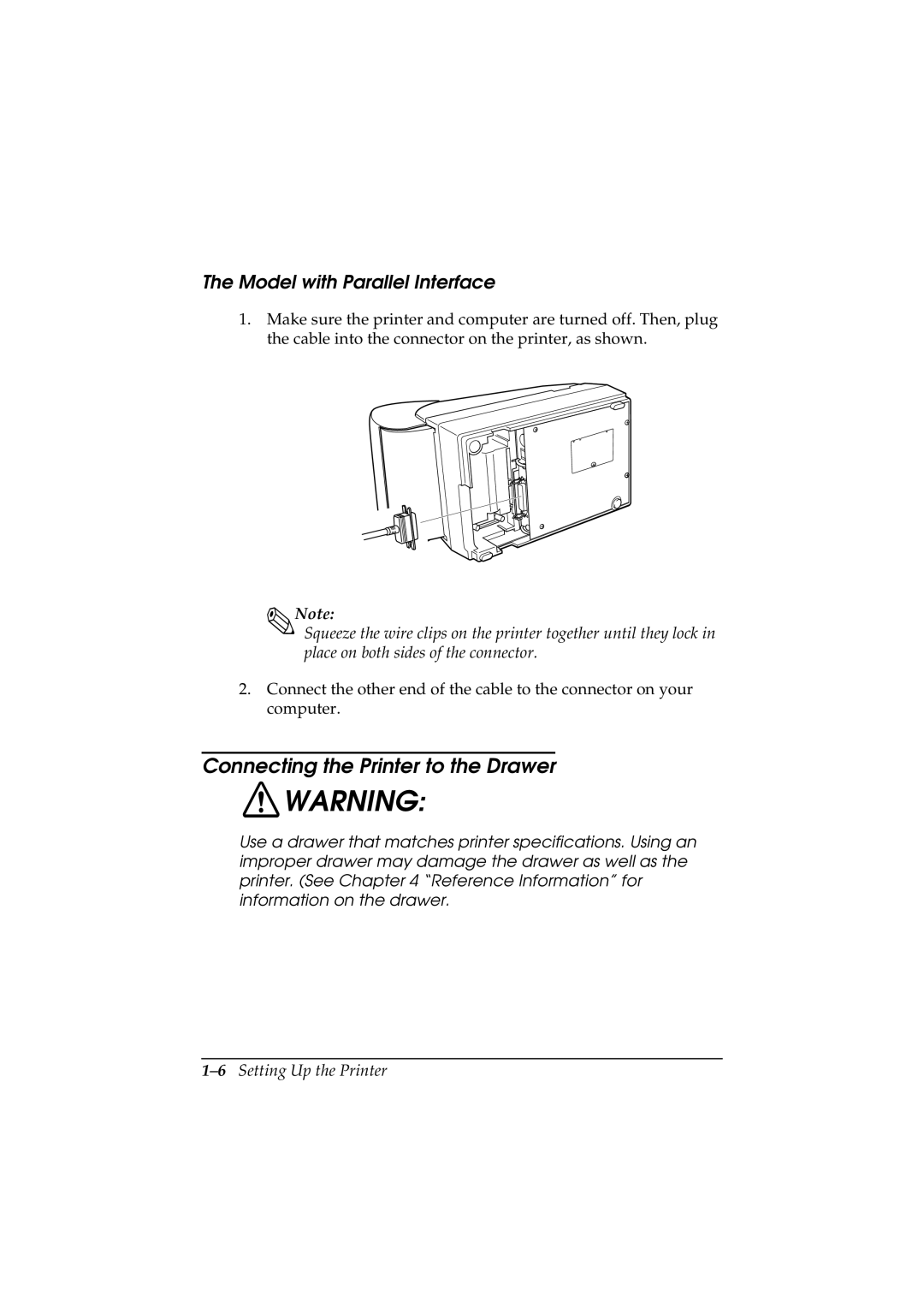 Epson TM-U200 manual Connecting the Printer to the Drawer, Model with Parallel Interface, 6Setting Up the Printer 