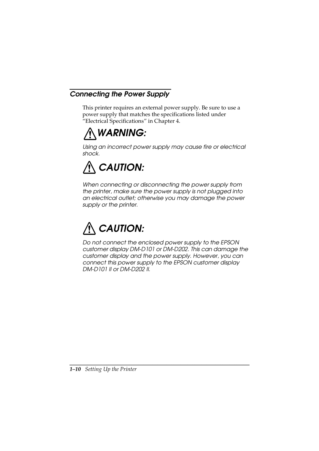 Epson TM-U200 manual Connecting the Power Supply, 10Setting Up the Printer 