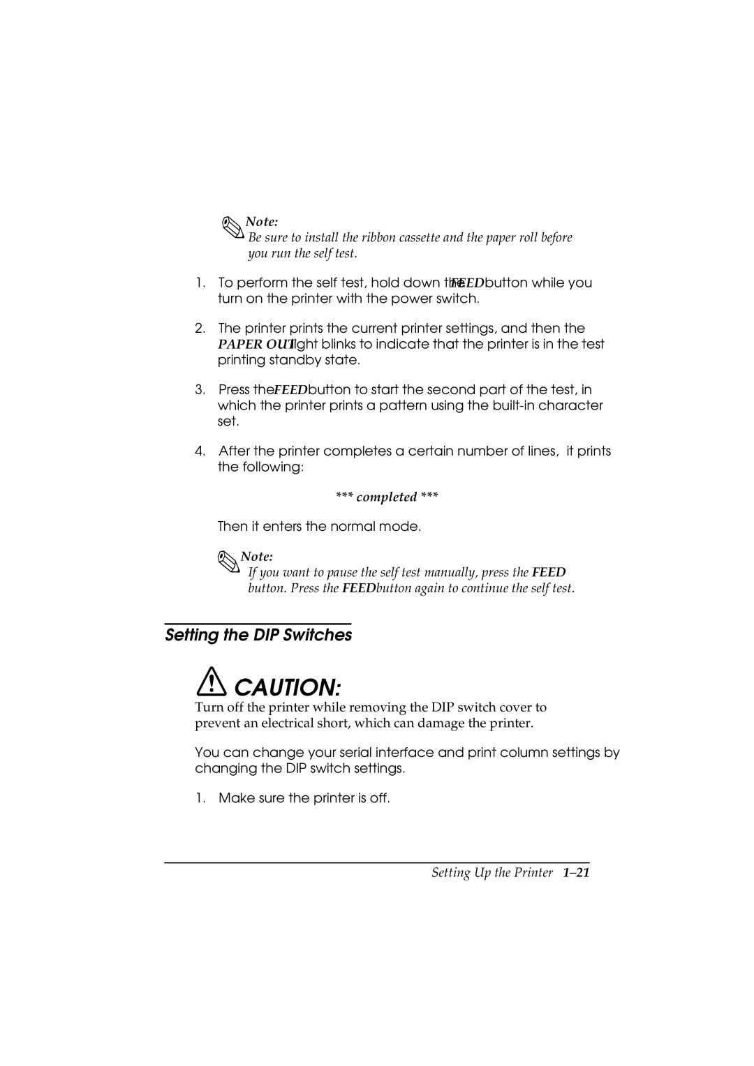 Epson TM-U200 manual Setting the DIP Switches, Completed 