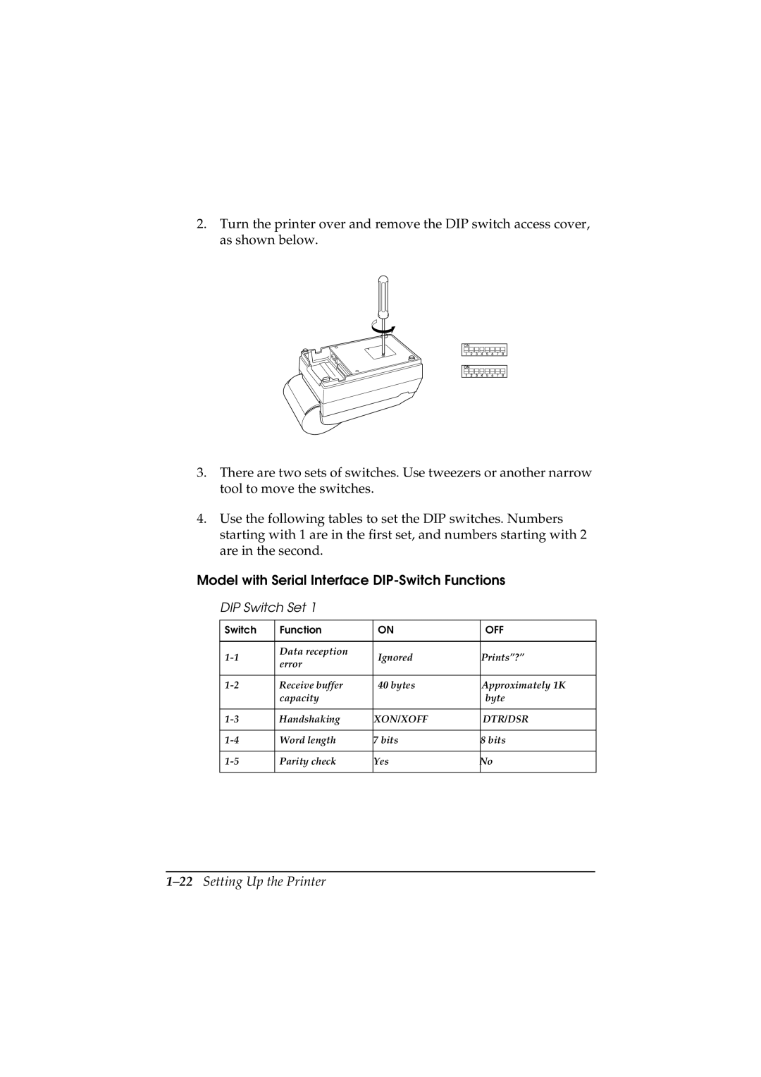 Epson TM-U200 manual Model with Serial Interface DIP-Switch Functions, 22Setting Up the Printer 