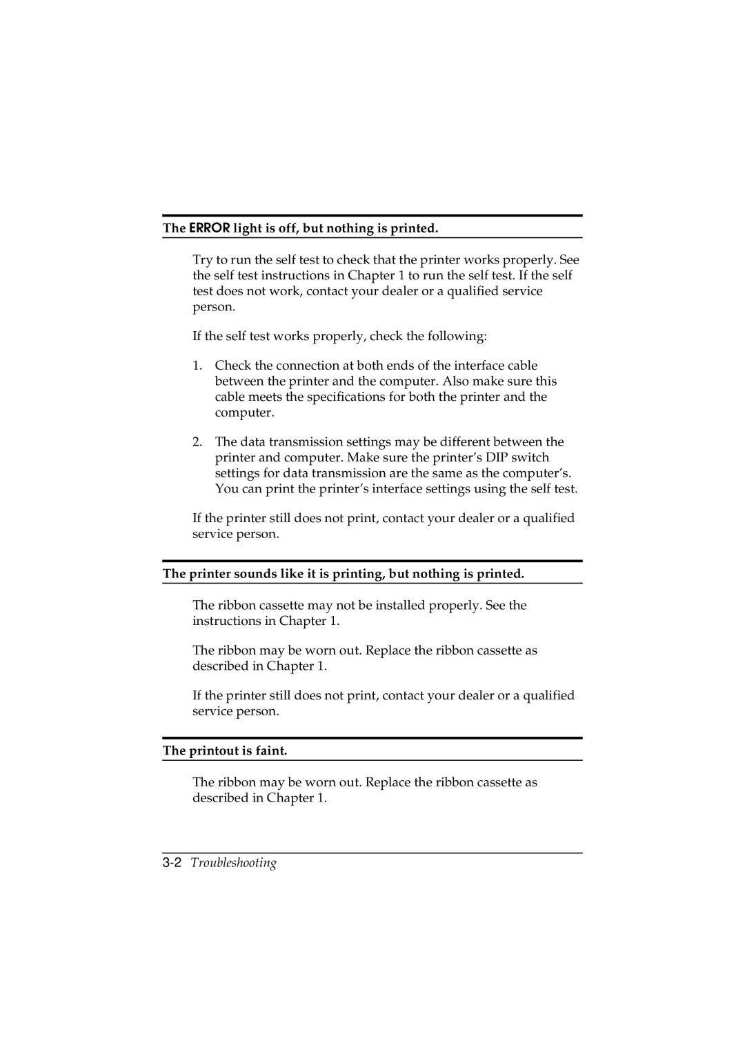 Epson TM-U200 manual Error light is off, but nothing is printed, Printer sounds like it is printing, but nothing is printed 