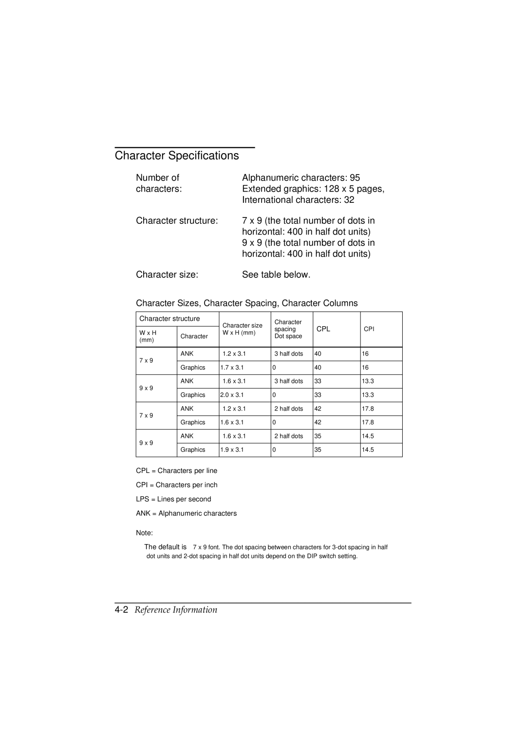 Epson TM-U200 manual Character Specifications, Number, Characters, Character structure, Character size 