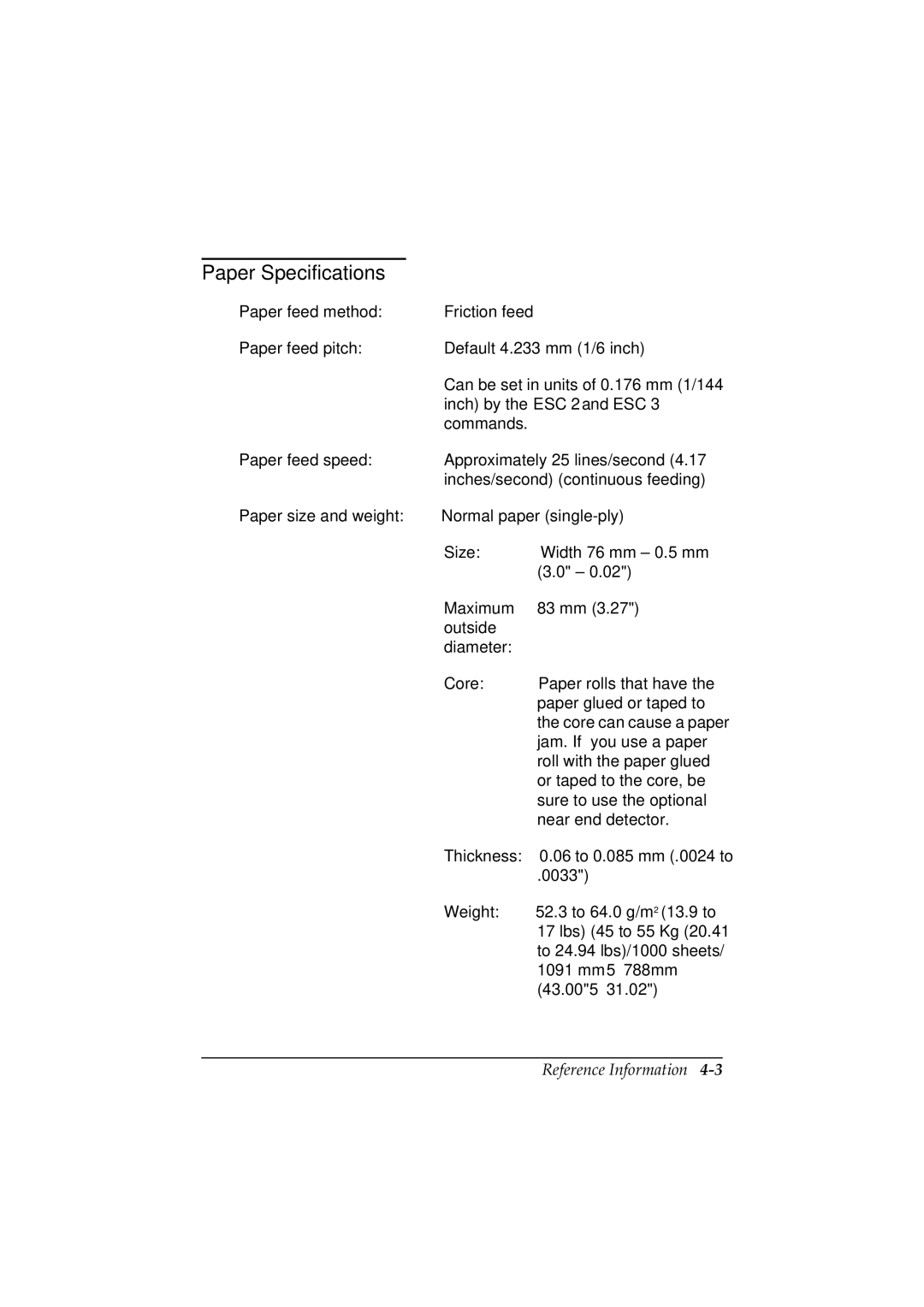 Epson TM-U200 manual Paper Specifications, Paper feed method, Paper feed pitch, Paper feed speed 