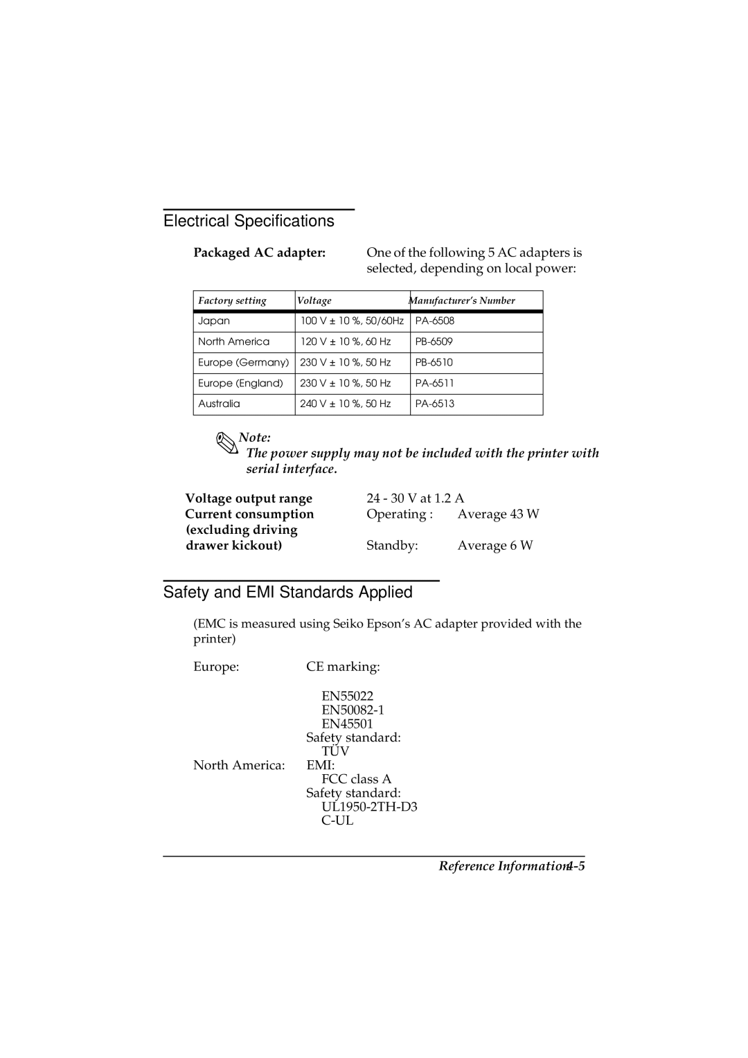 Epson TM-U200 manual Electrical Specifications, Safety and EMI Standards Applied 