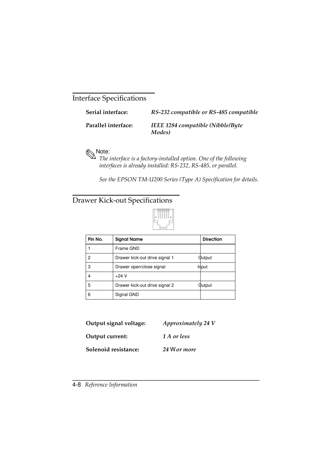 Epson TM-U200 manual Interface Specifications, Drawer Kick-out Specifications, Output signal voltage, Output current 