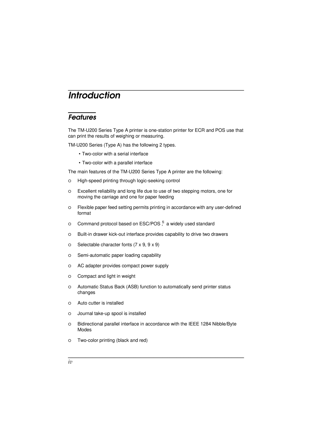 Epson TM-U200 manual Introduction, Features 