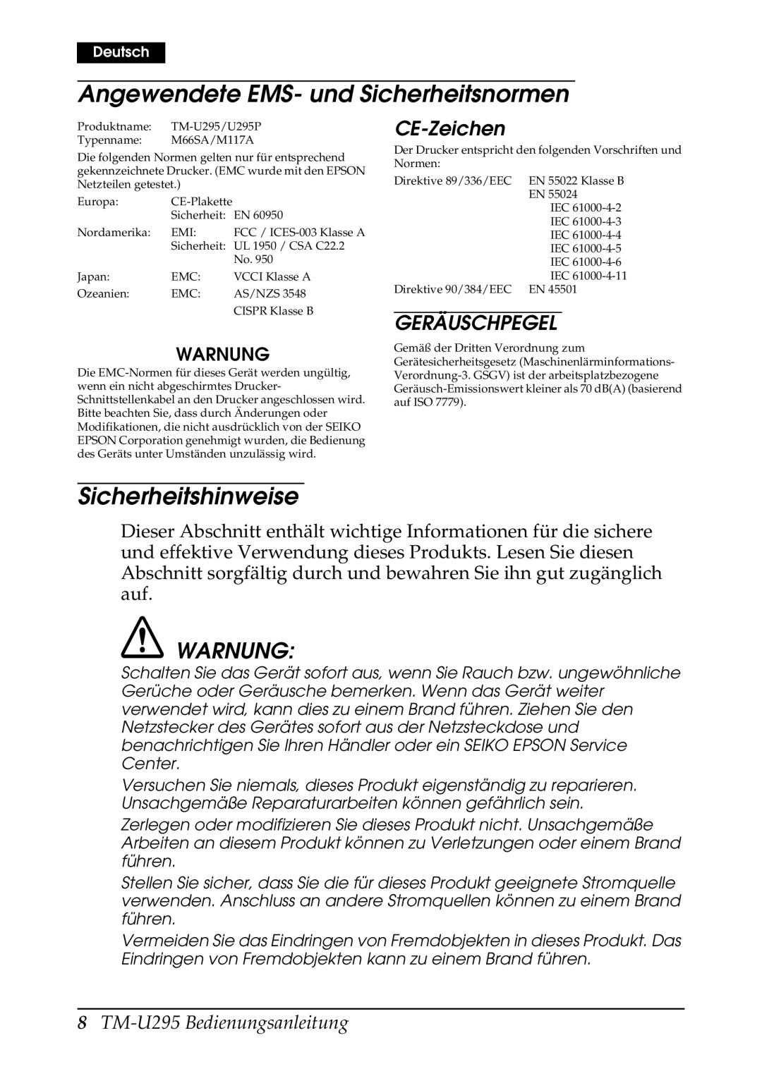 Epson TM-U295 user manual Angewendete EMS- und Sicherheitsnormen, Sicherheitshinweise, Warnung, CE-Zeichen 