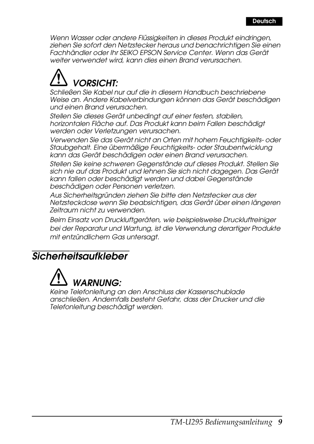 Epson TM-U295 user manual Sicherheitsaufkleber, Vorsicht 