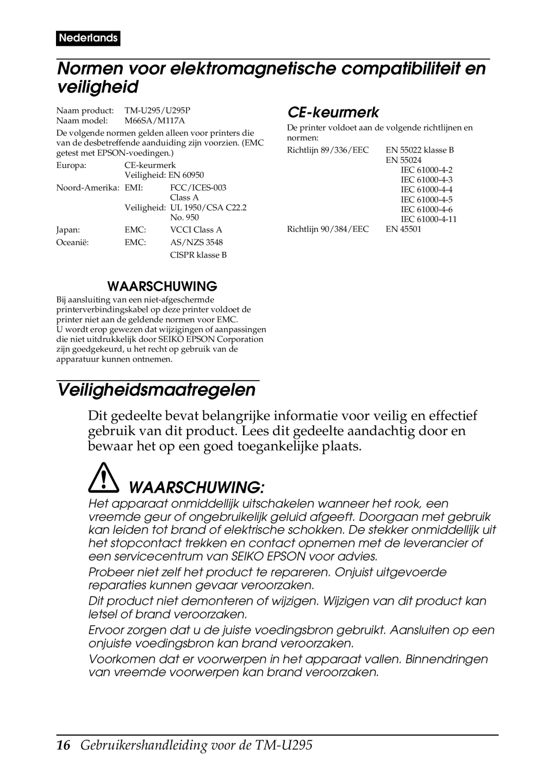 Epson TM-U295 user manual Veiligheidsmaatregelen, Waarschuwing, CE-keurmerk 