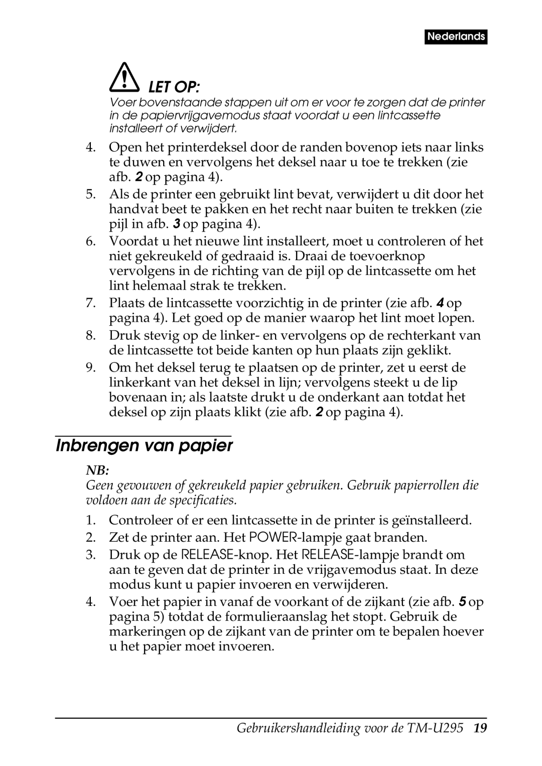 Epson TM-U295 user manual Inbrengen van papier 