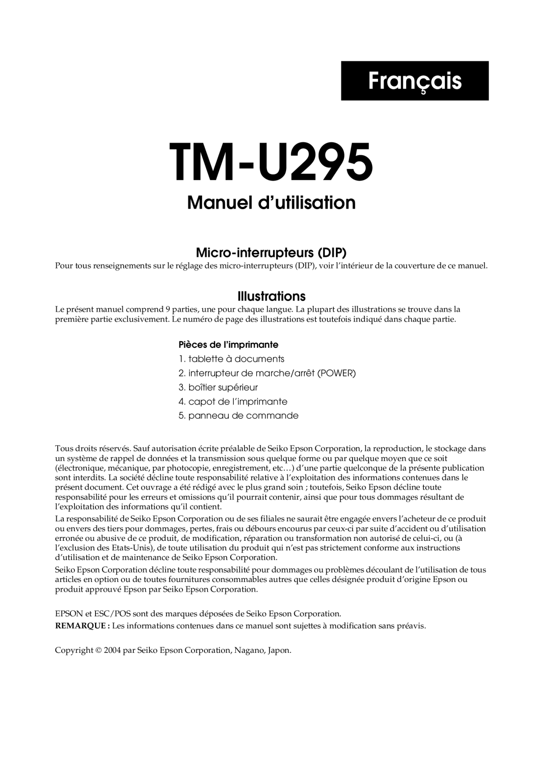 Epson TM-U295 user manual Français 