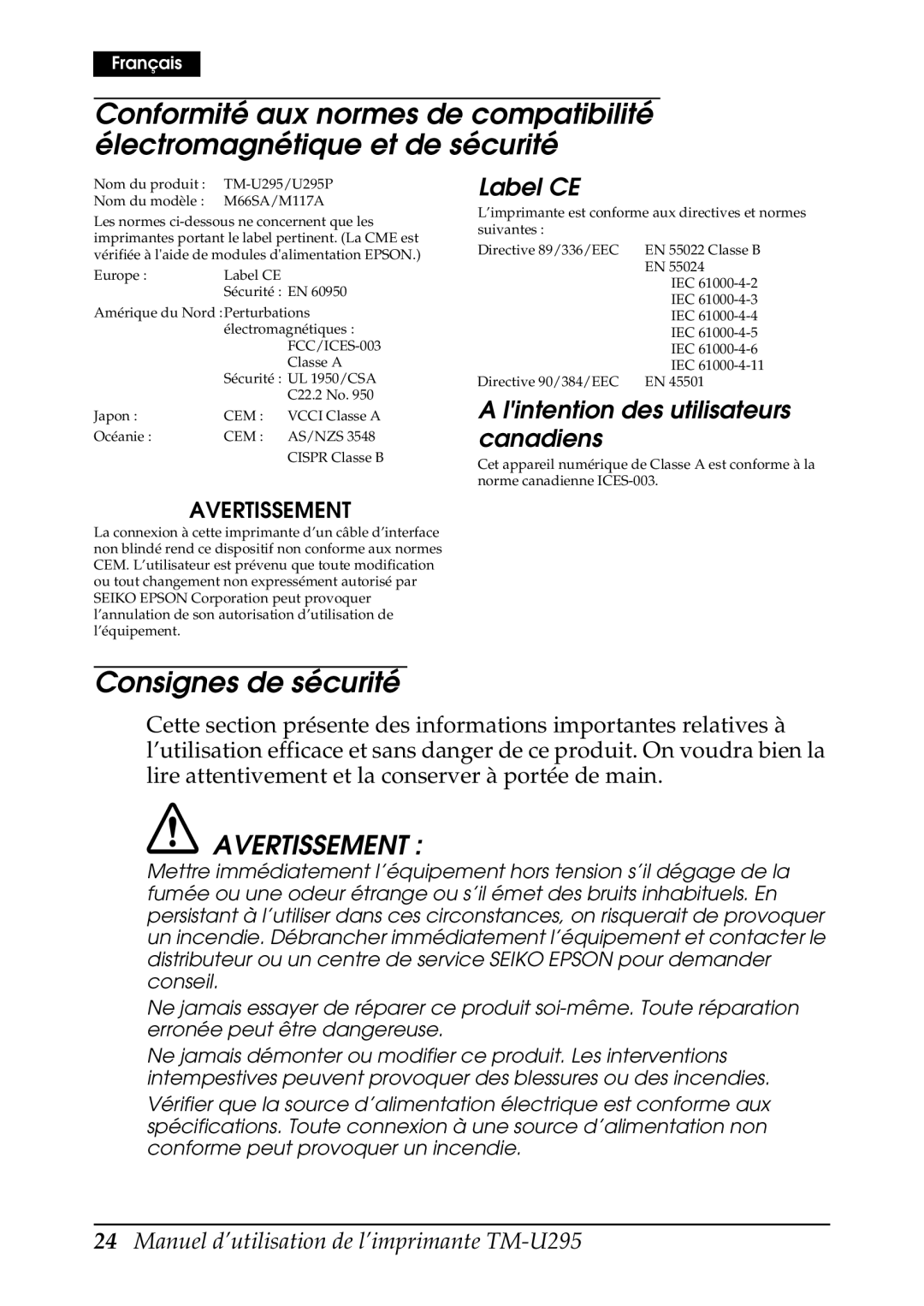 Epson TM-U295 user manual Consignes de sécurité, Avertissement, Label CE, Lintention des utilisateurs canadiens 