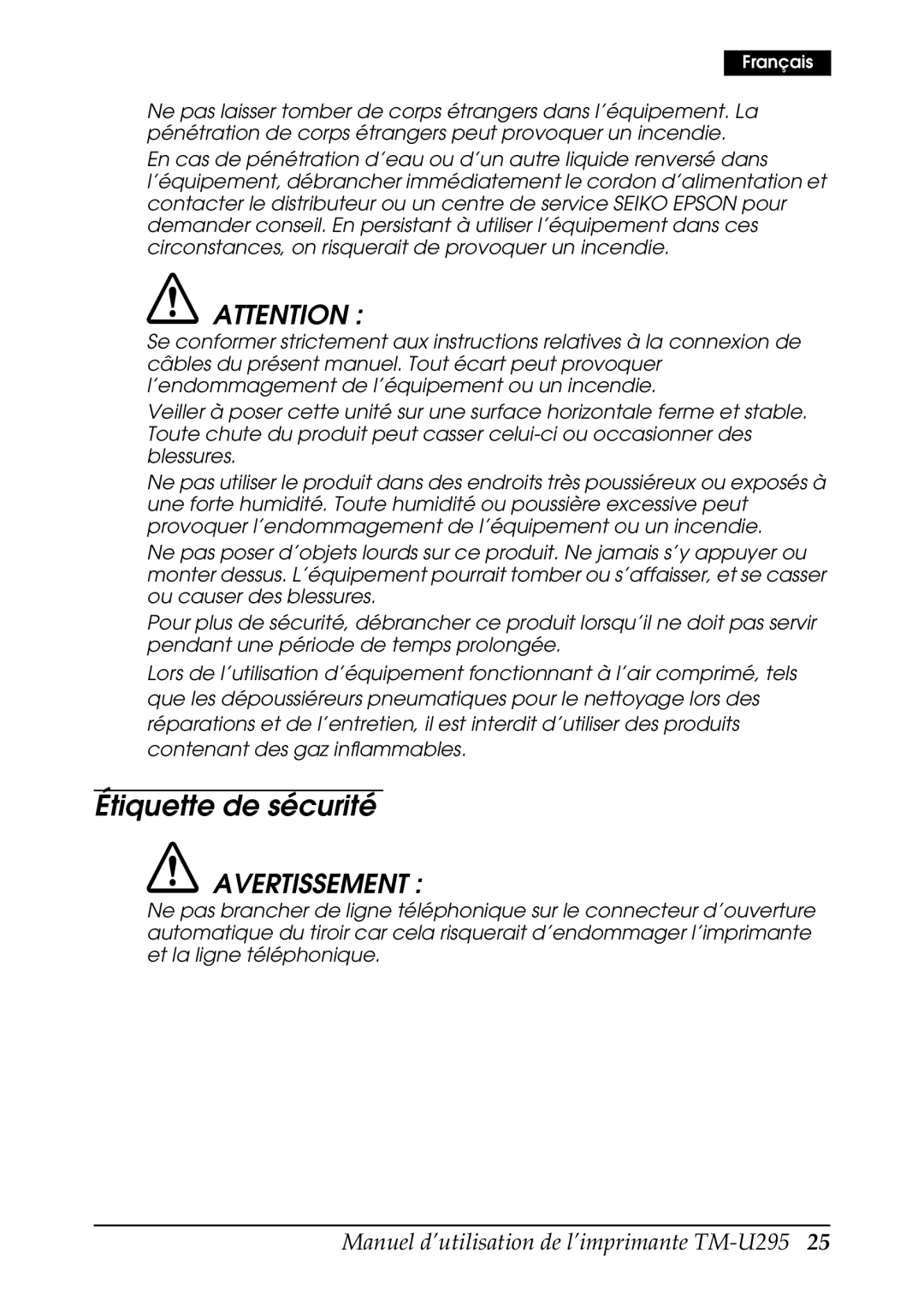 Epson TM-U295 user manual Étiquette de sécurité 