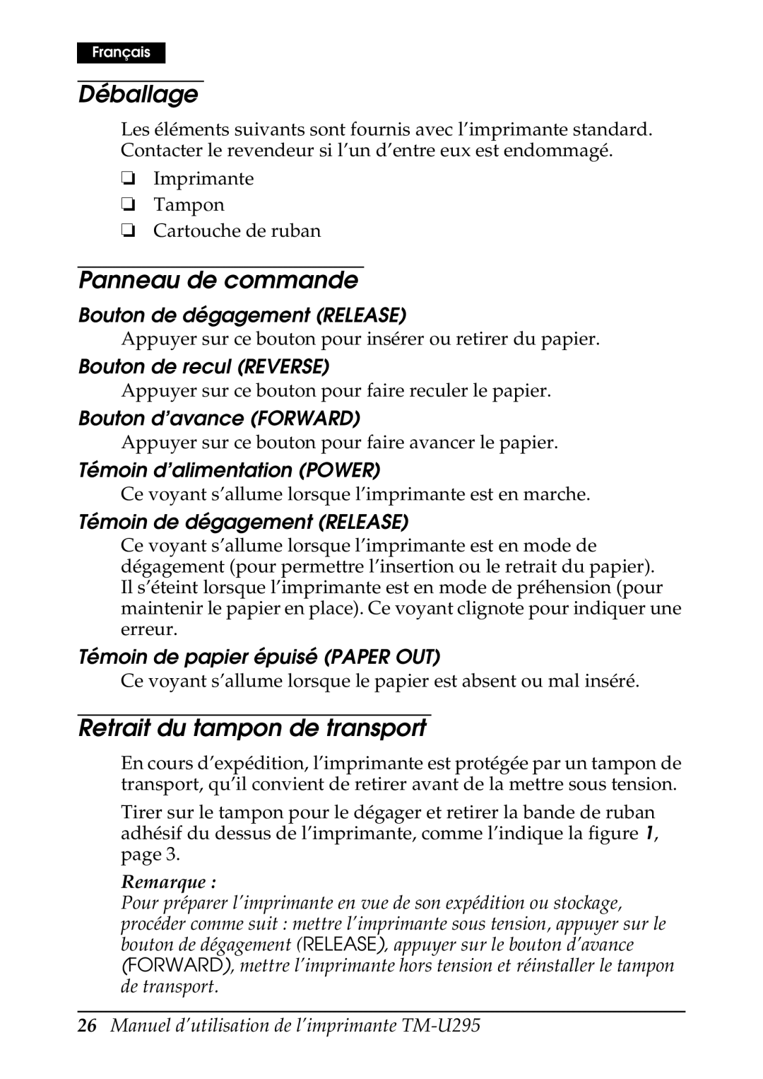 Epson TM-U295 user manual Déballage, Panneau de commande, Retrait du tampon de transport 