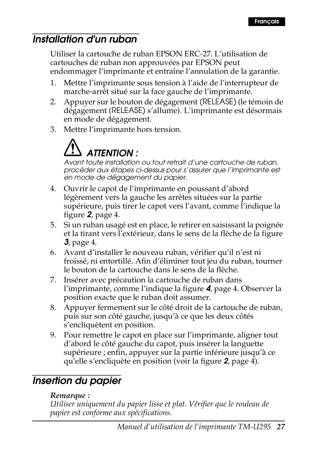 Epson TM-U295 user manual Installation dun ruban, Insertion du papier 