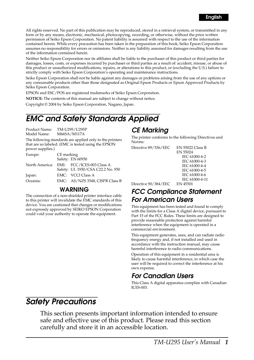 Epson TM-U295 user manual EMC and Safety Standards Applied, Safety Precautions, CE Marking, For Canadian Users 