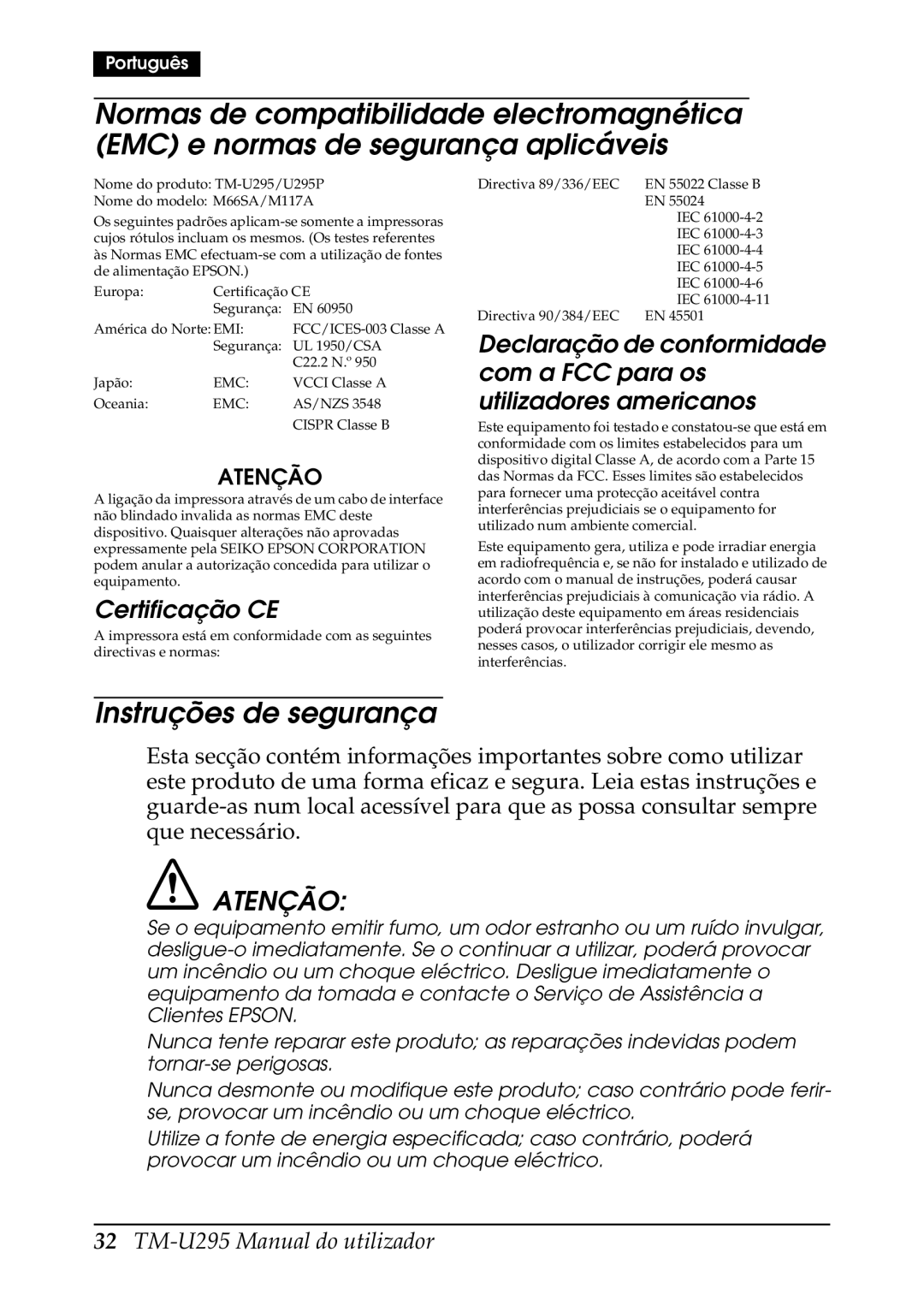 Epson TM-U295 user manual Instruções de segurança, Atenção, Certificação CE 