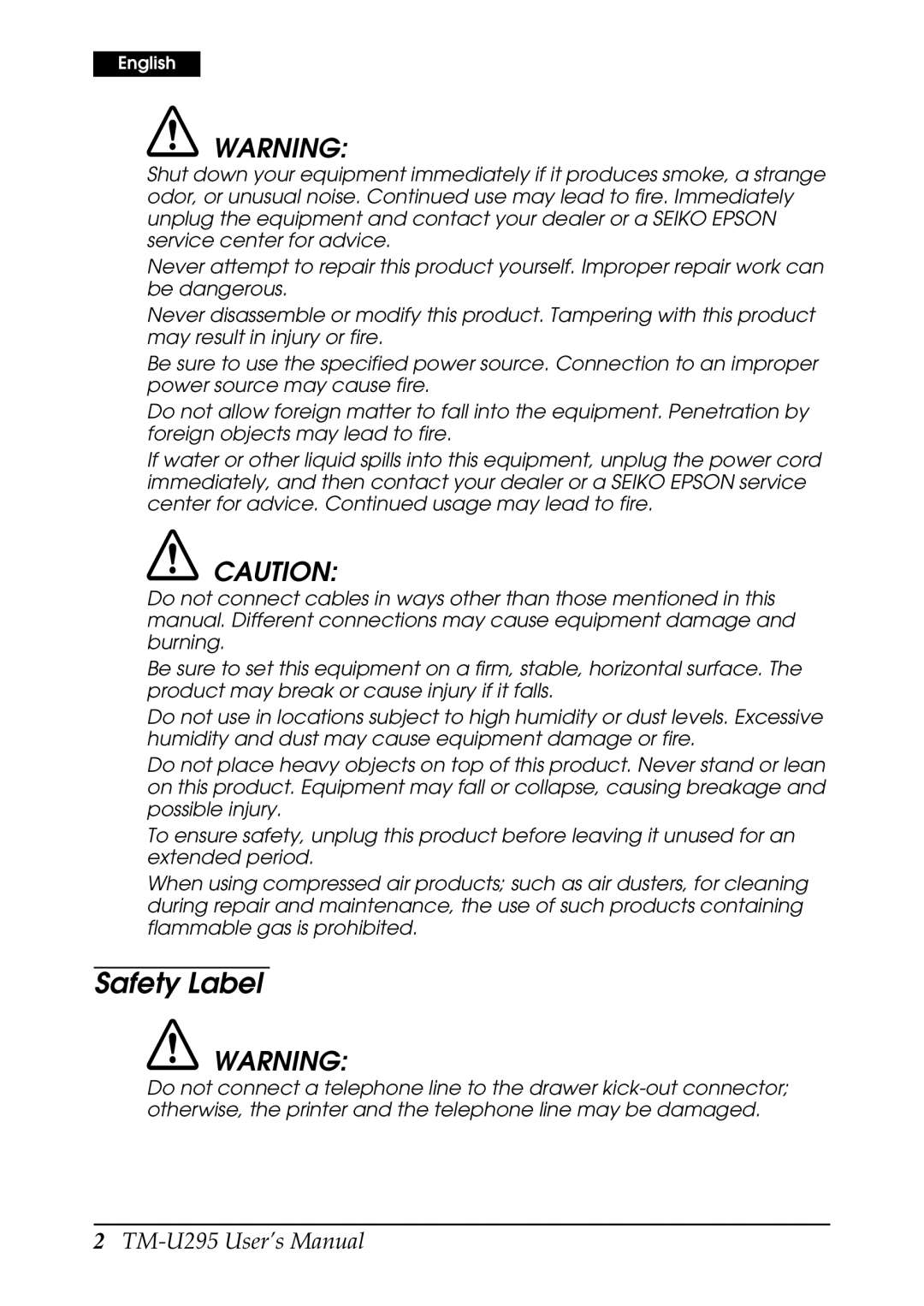 Epson TM-U295 user manual Safety Label 