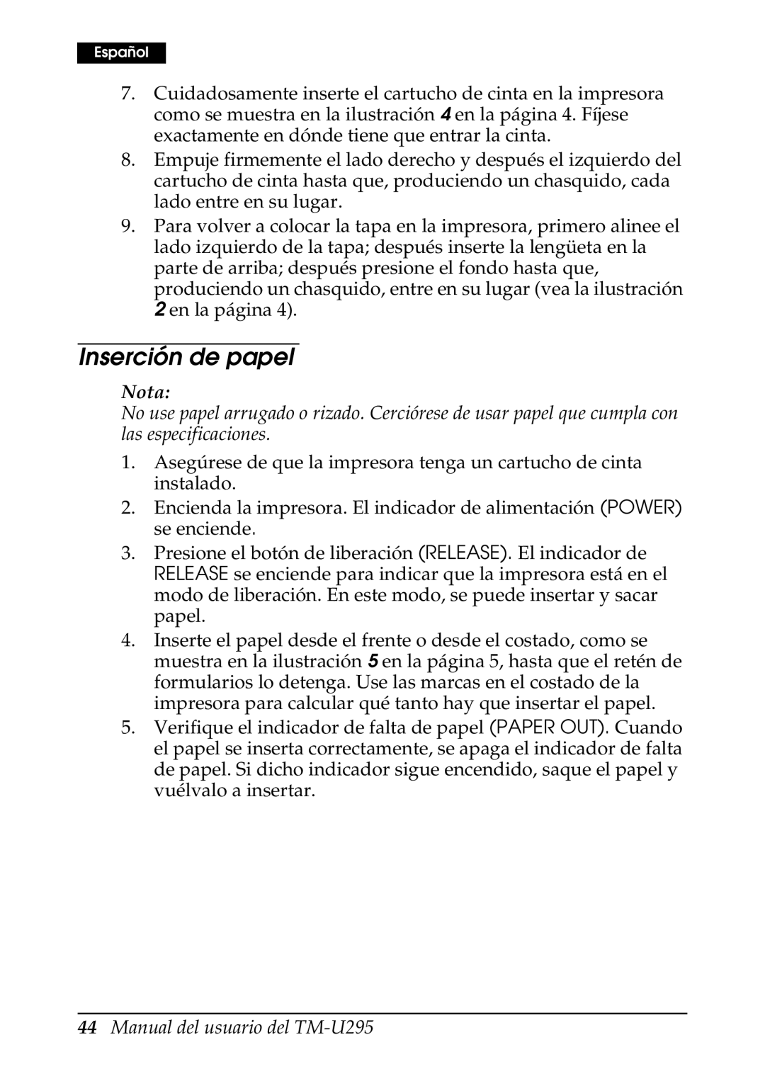 Epson TM-U295 user manual Inserción de papel 