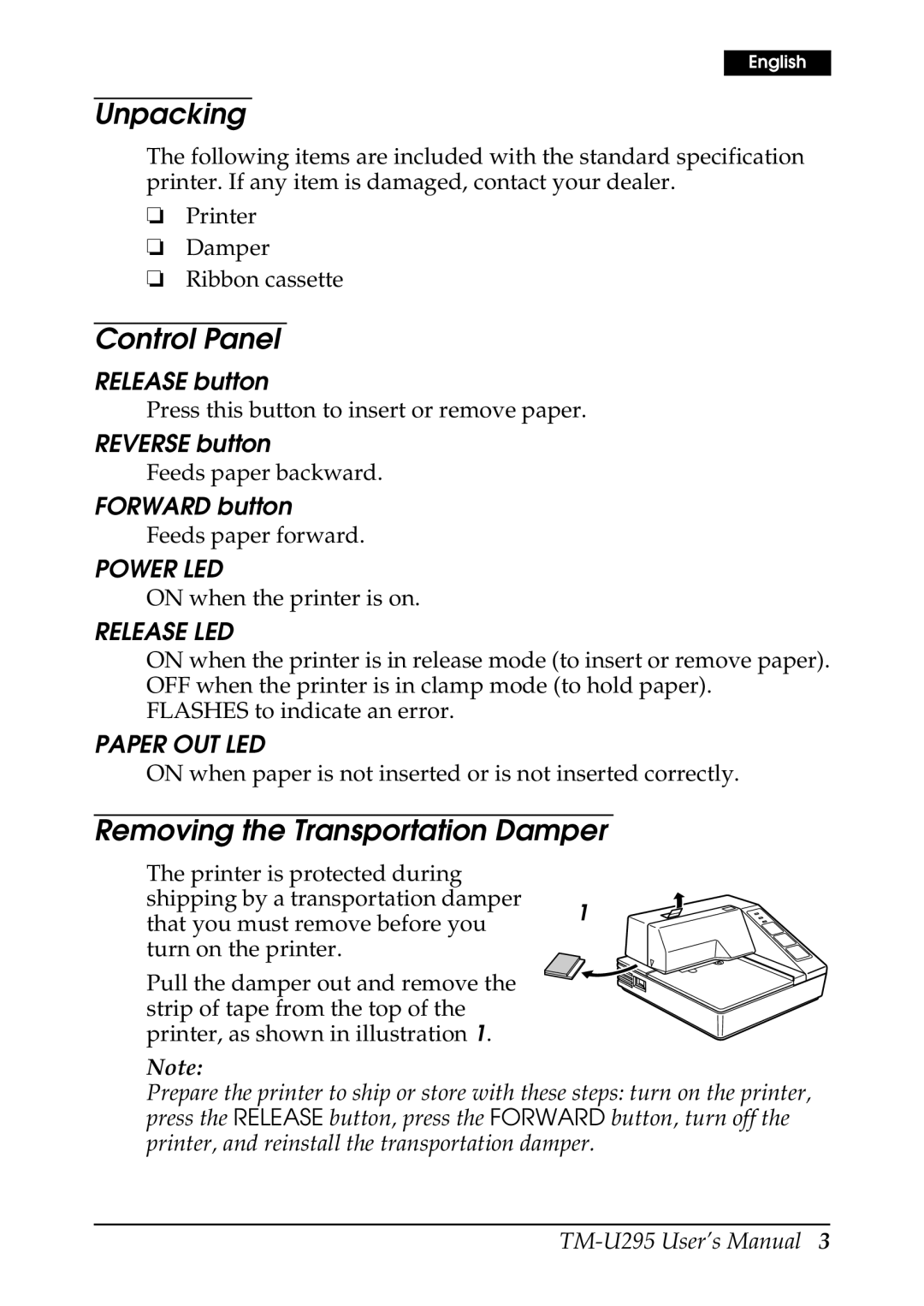 Epson TM-U295 user manual Unpacking, Control Panel, Removing the Transportation Damper 