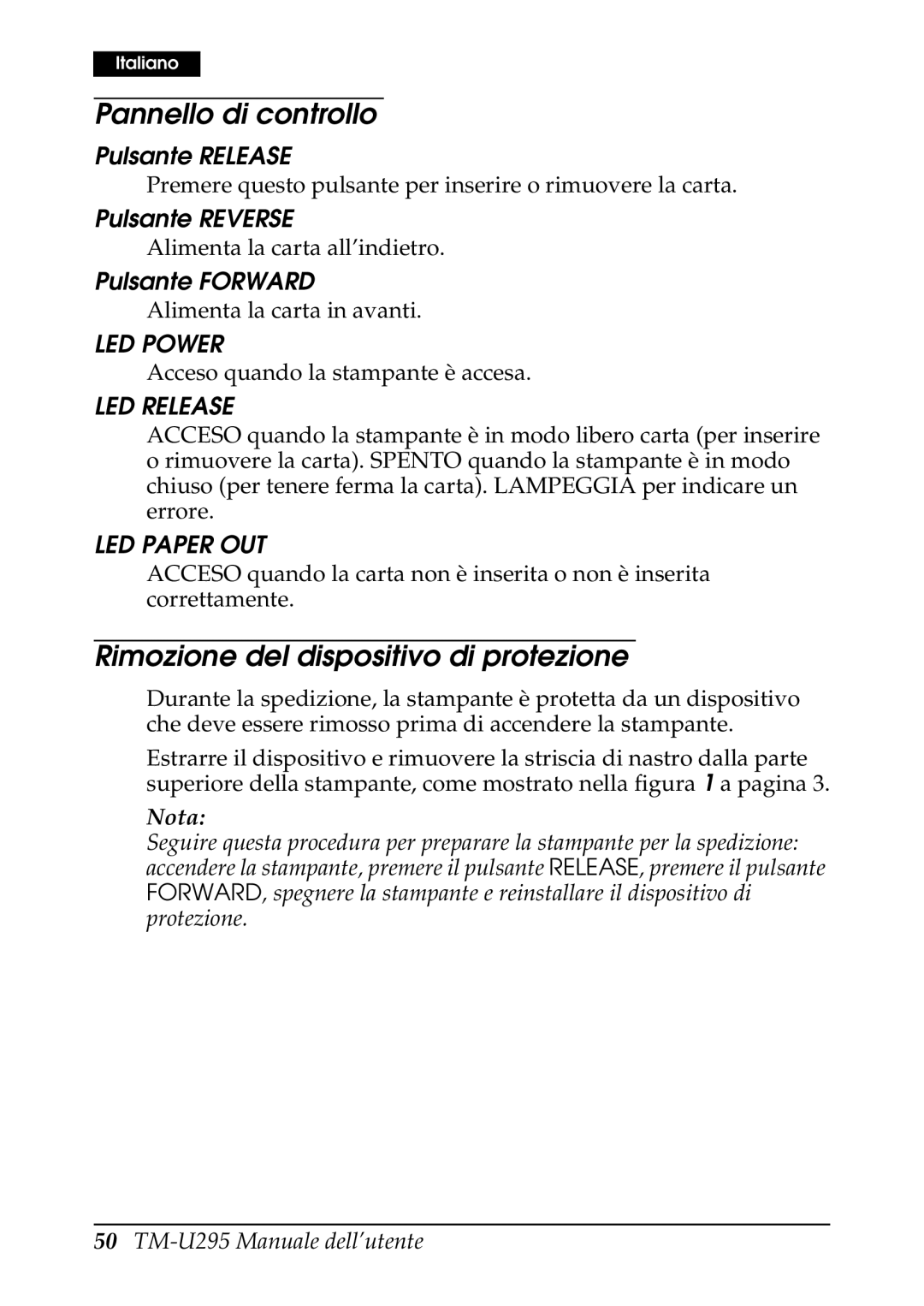 Epson TM-U295 Pannello di controllo, Rimozione del dispositivo di protezione, Pulsante Release, Pulsante Reverse 