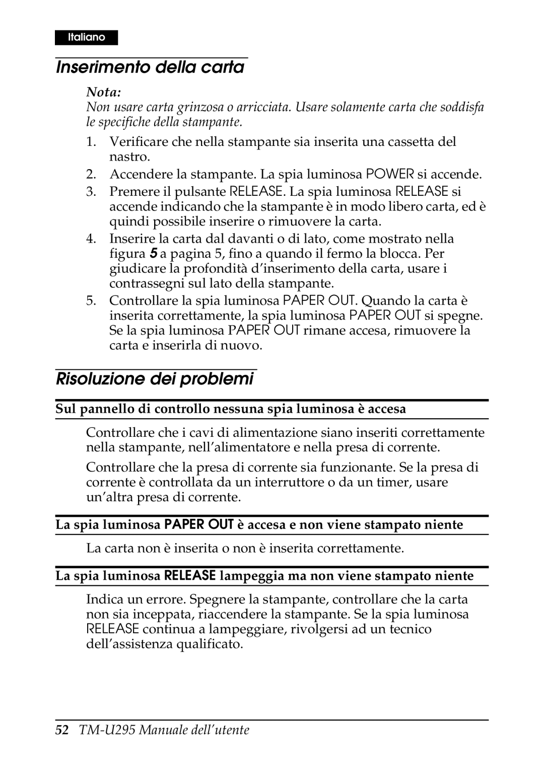 Epson TM-U295 user manual Inserimento della carta, Risoluzione dei problemi 