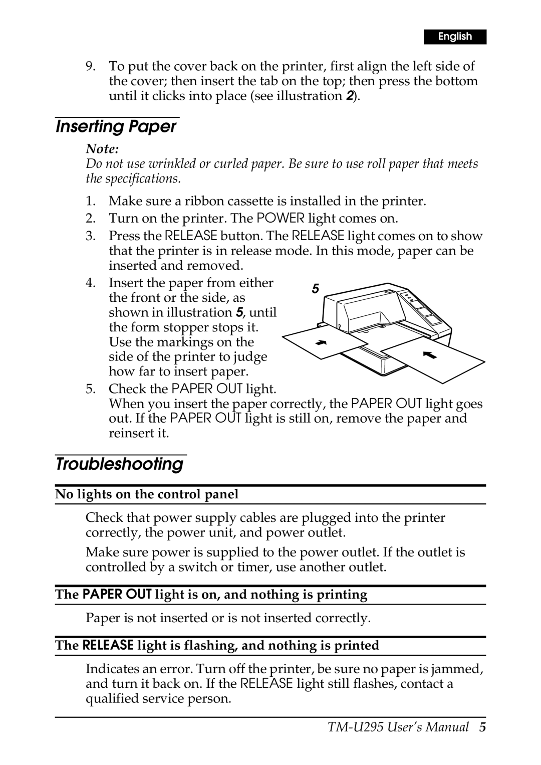 Epson TM-U295 user manual Inserting Paper, Troubleshooting 