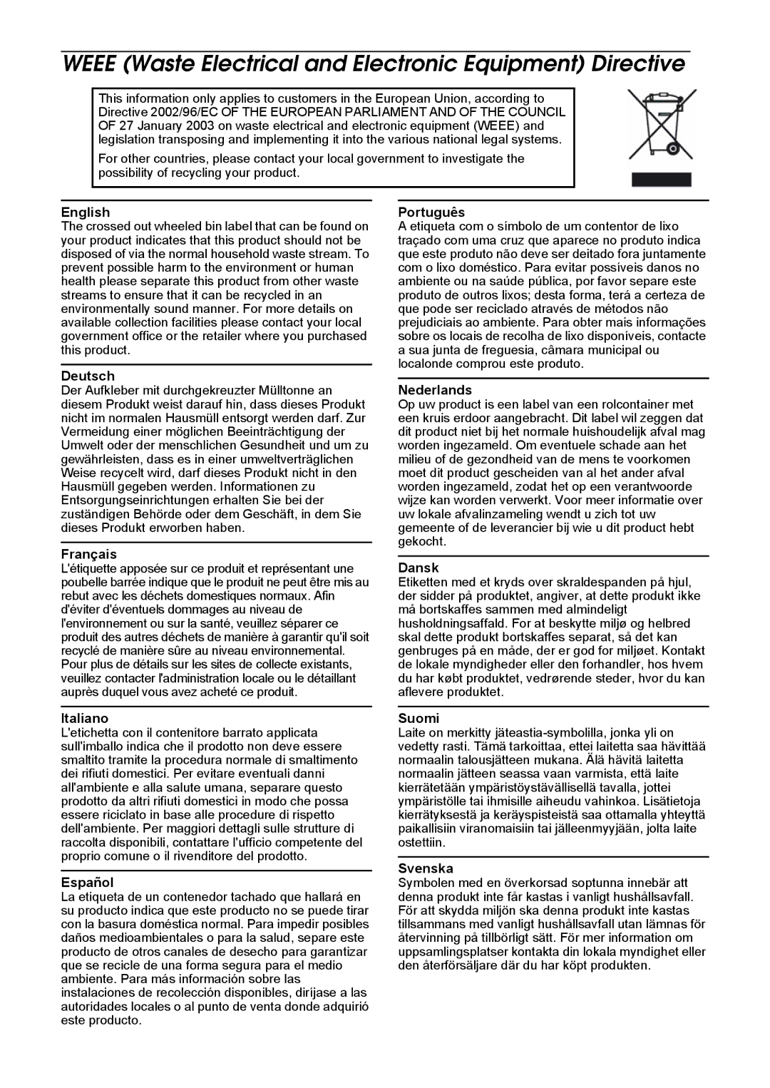 Epson TM-U295 user manual Weee Waste Electrical and Electronic Equipment Directive 