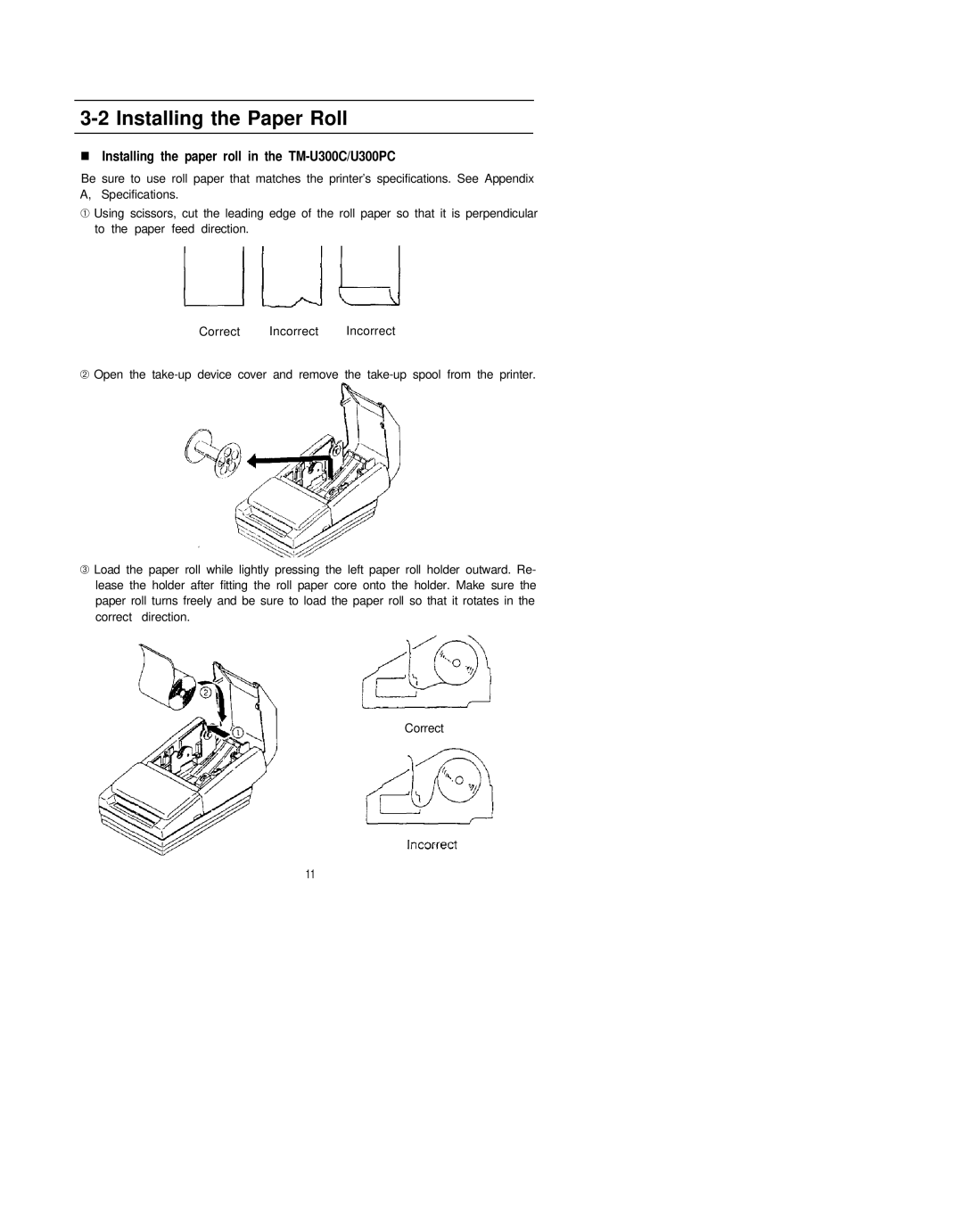 Epson TM-U300PD, TM-U300D, TM-U300PC manual Installing the Paper Roll, Installing the paper roll in the TM-U300C/U300PC 