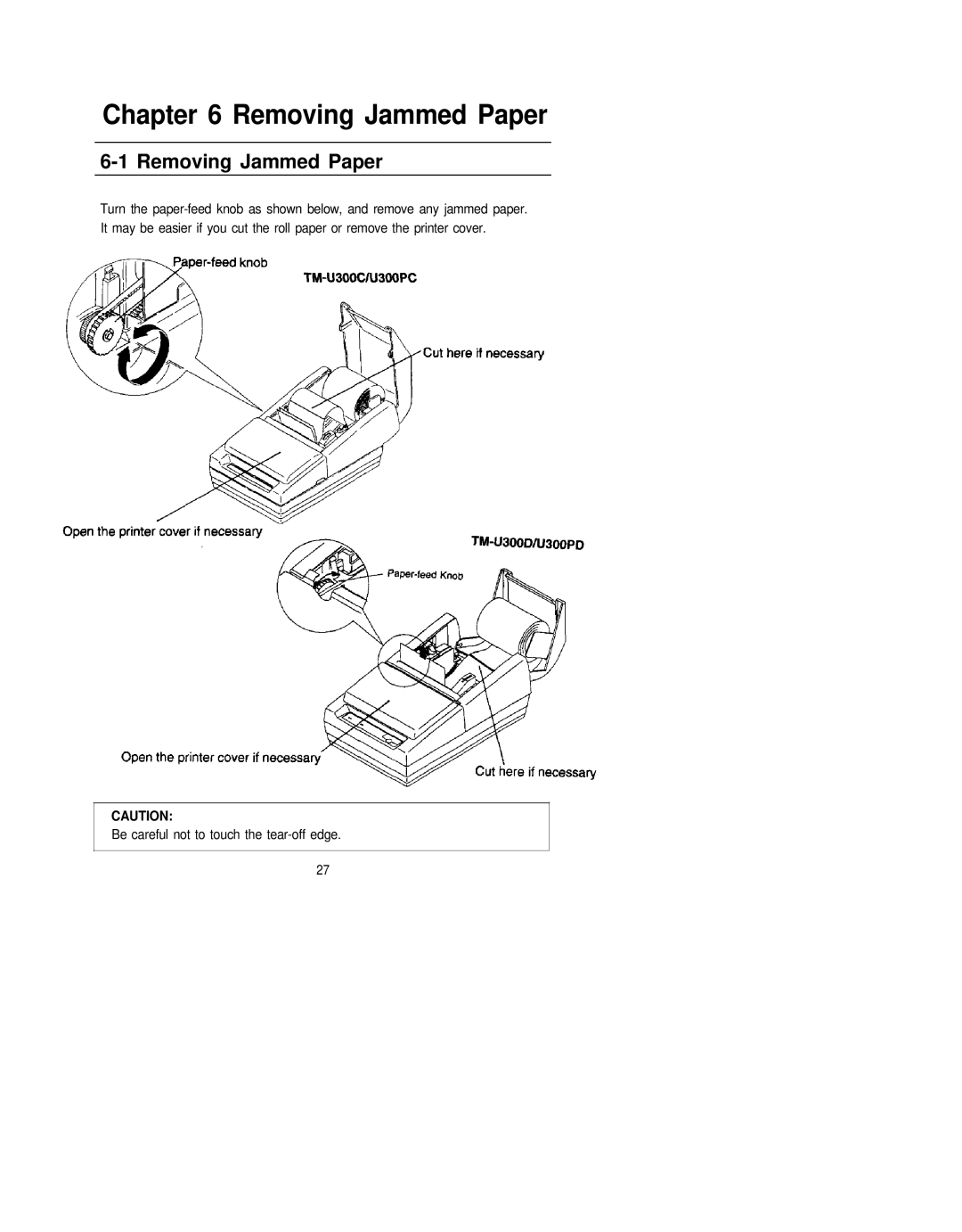 Epson TM-U300C, TM-U300PD, TM-U300D, TM-U300PC manual Removing Jammed Paper 