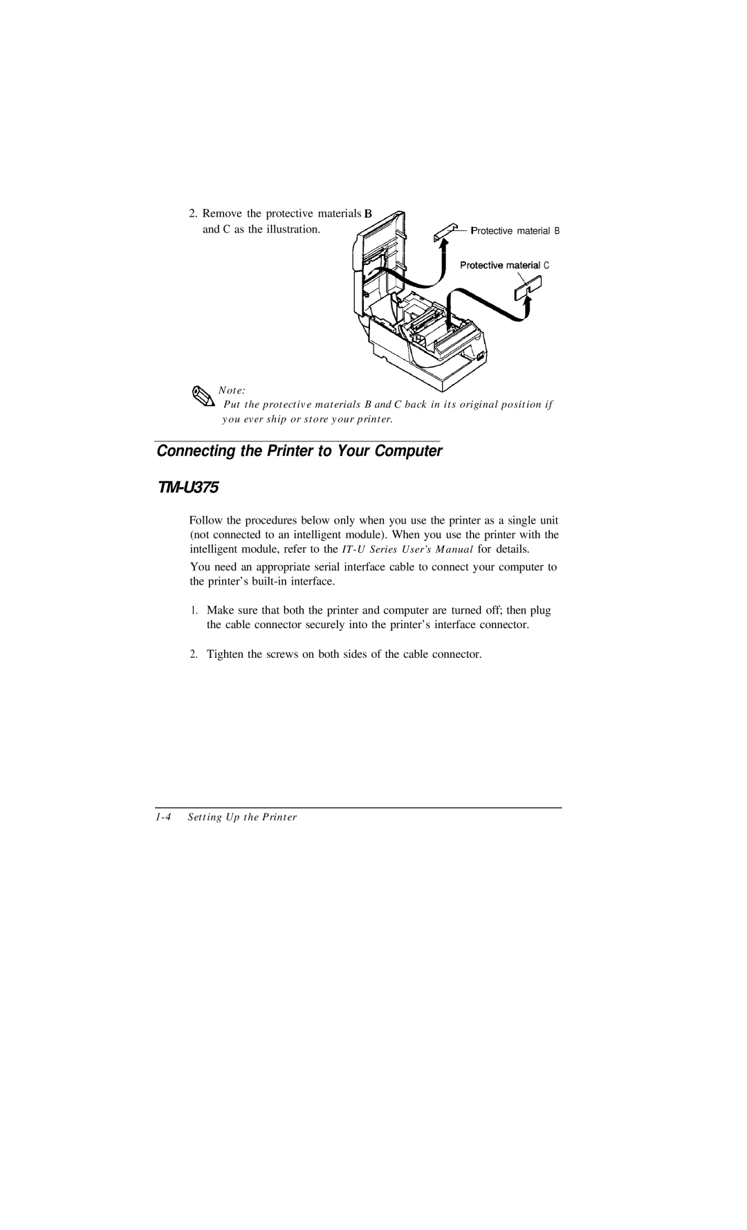 Epson user manual Connecting the Printer to Your Computer TM-U375, Remove the protective materials C as the illustration 