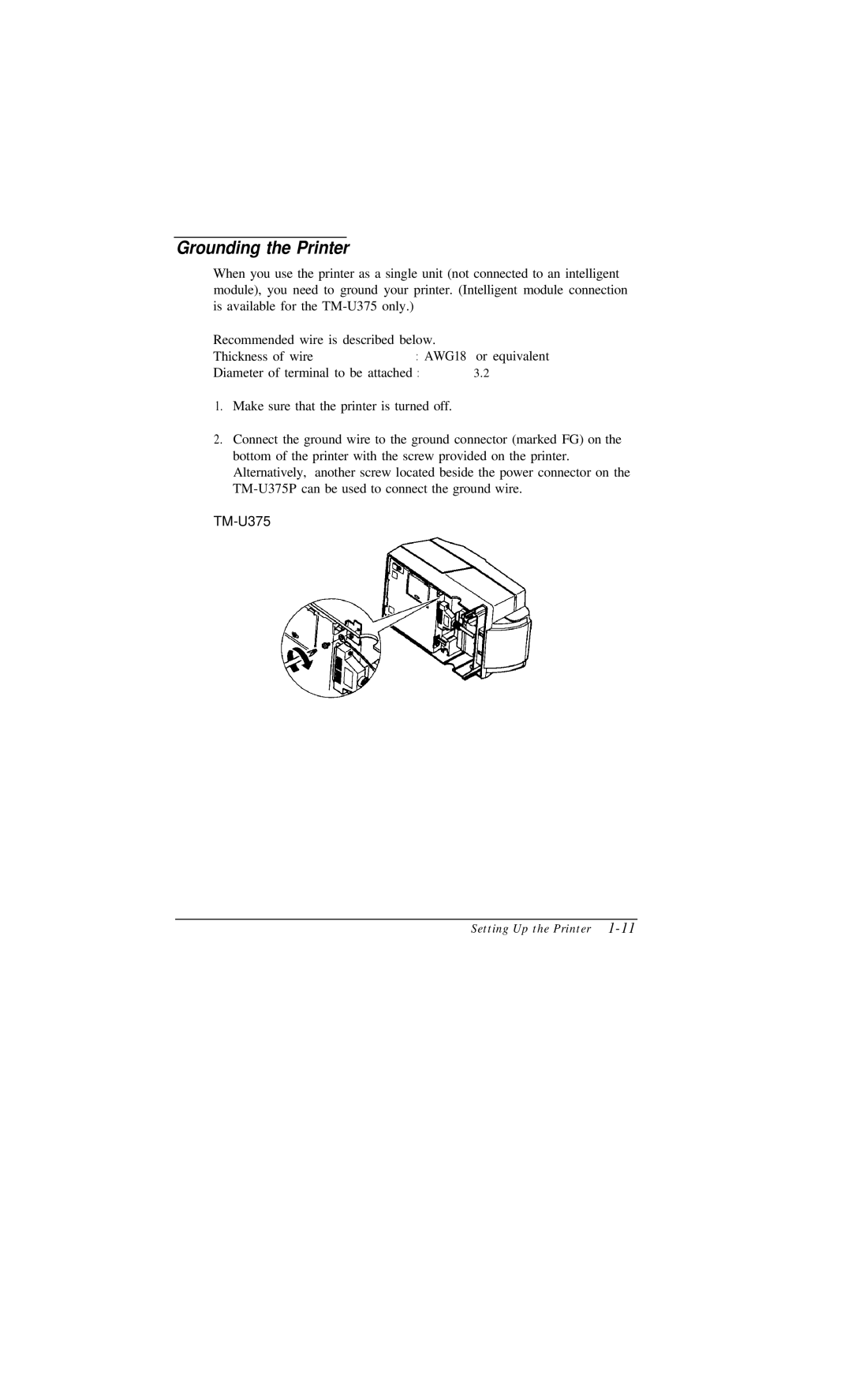 Epson TM-U375 user manual Grounding the Printer 