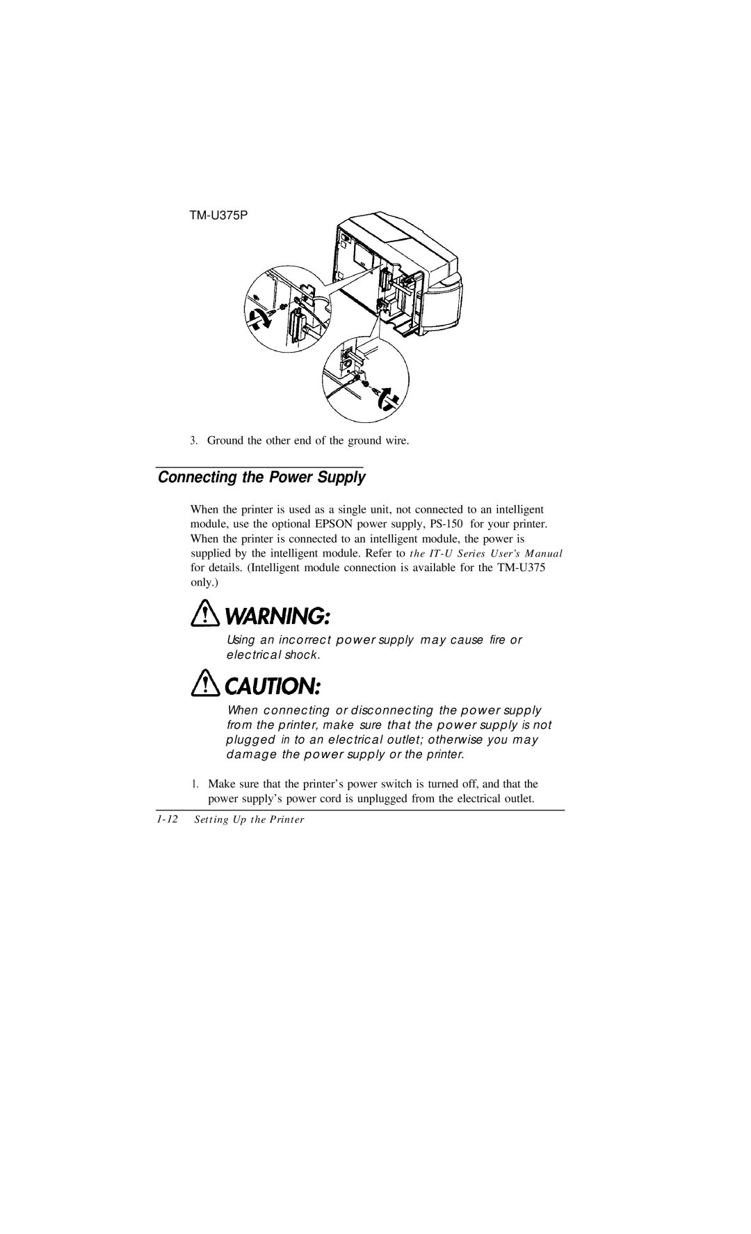 Epson TM-U375 user manual Connecting the Power Supply 