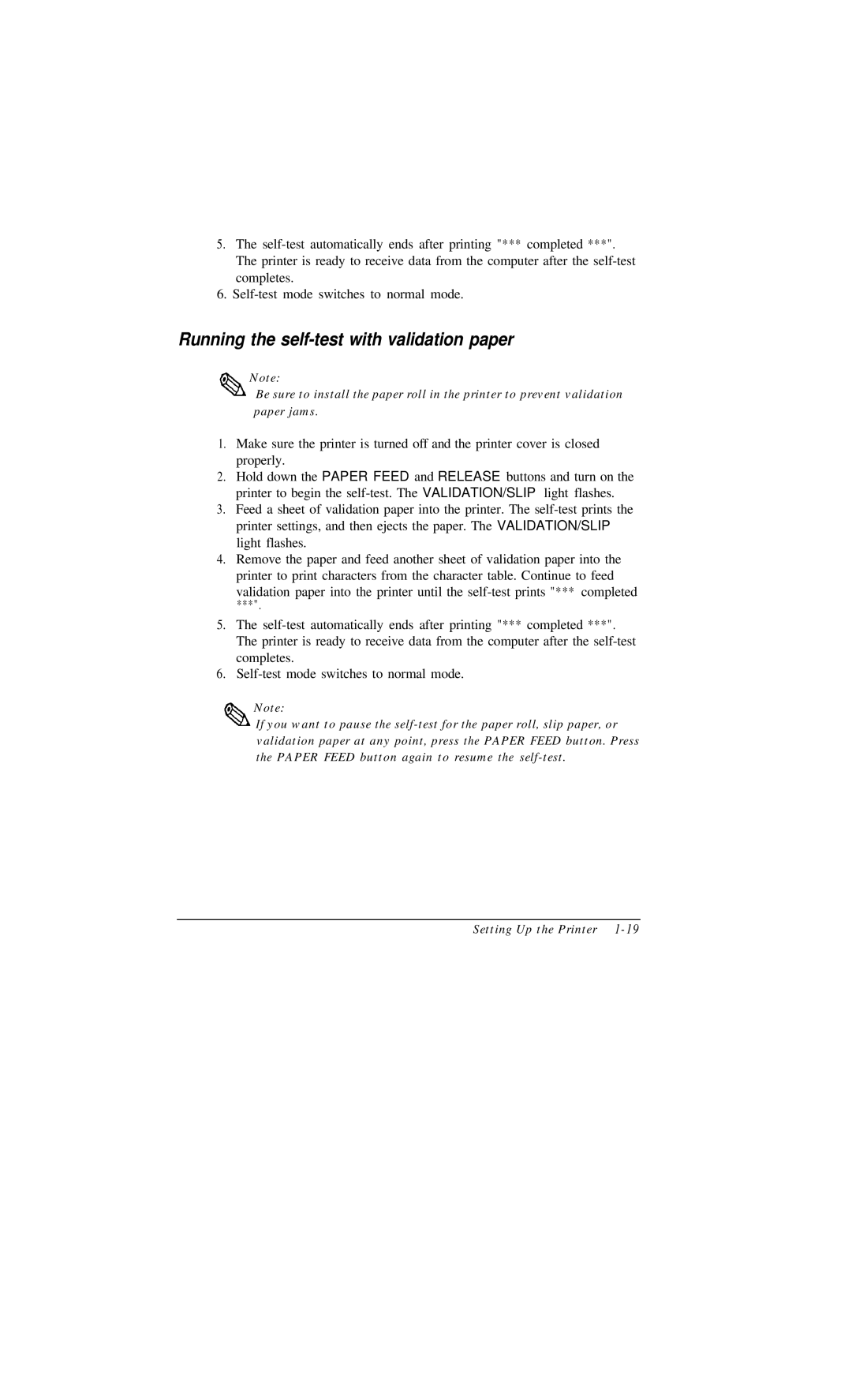 Epson TM-U375 user manual Running the self-test with validation paper 