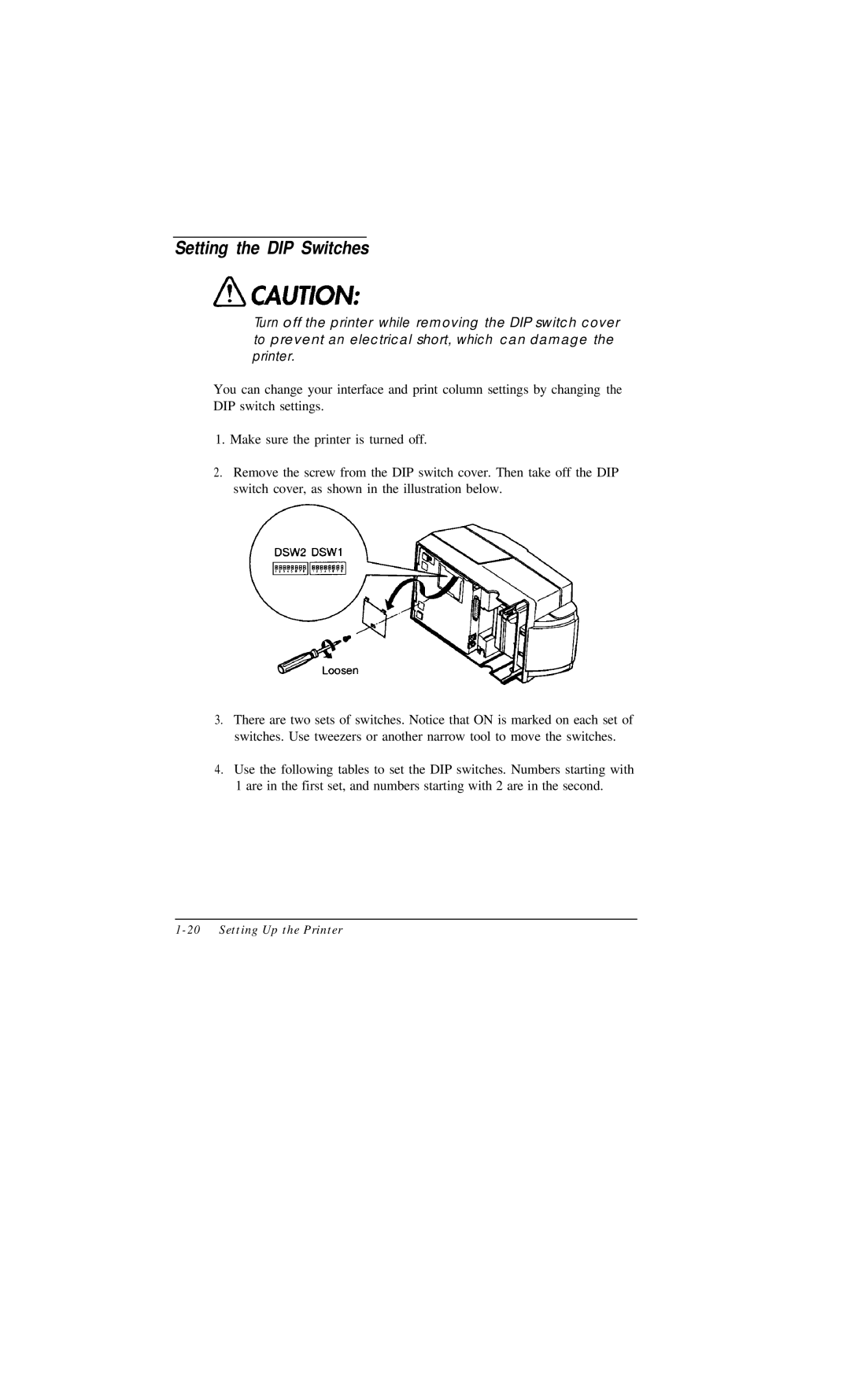 Epson TM-U375 user manual Setting the DIP Switches 