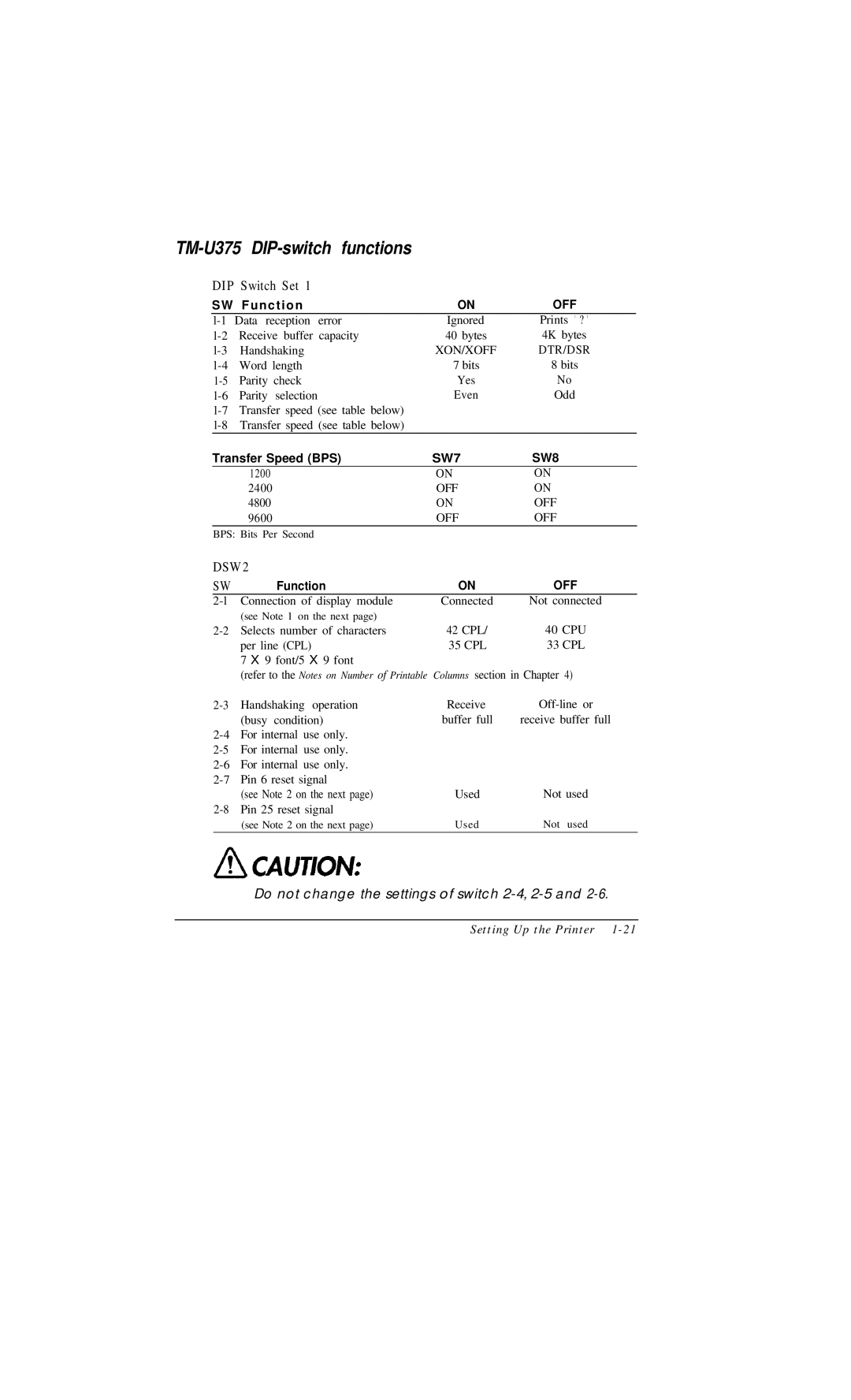 Epson user manual TM-U375 DIP-switch functions, DIP Switch Set 